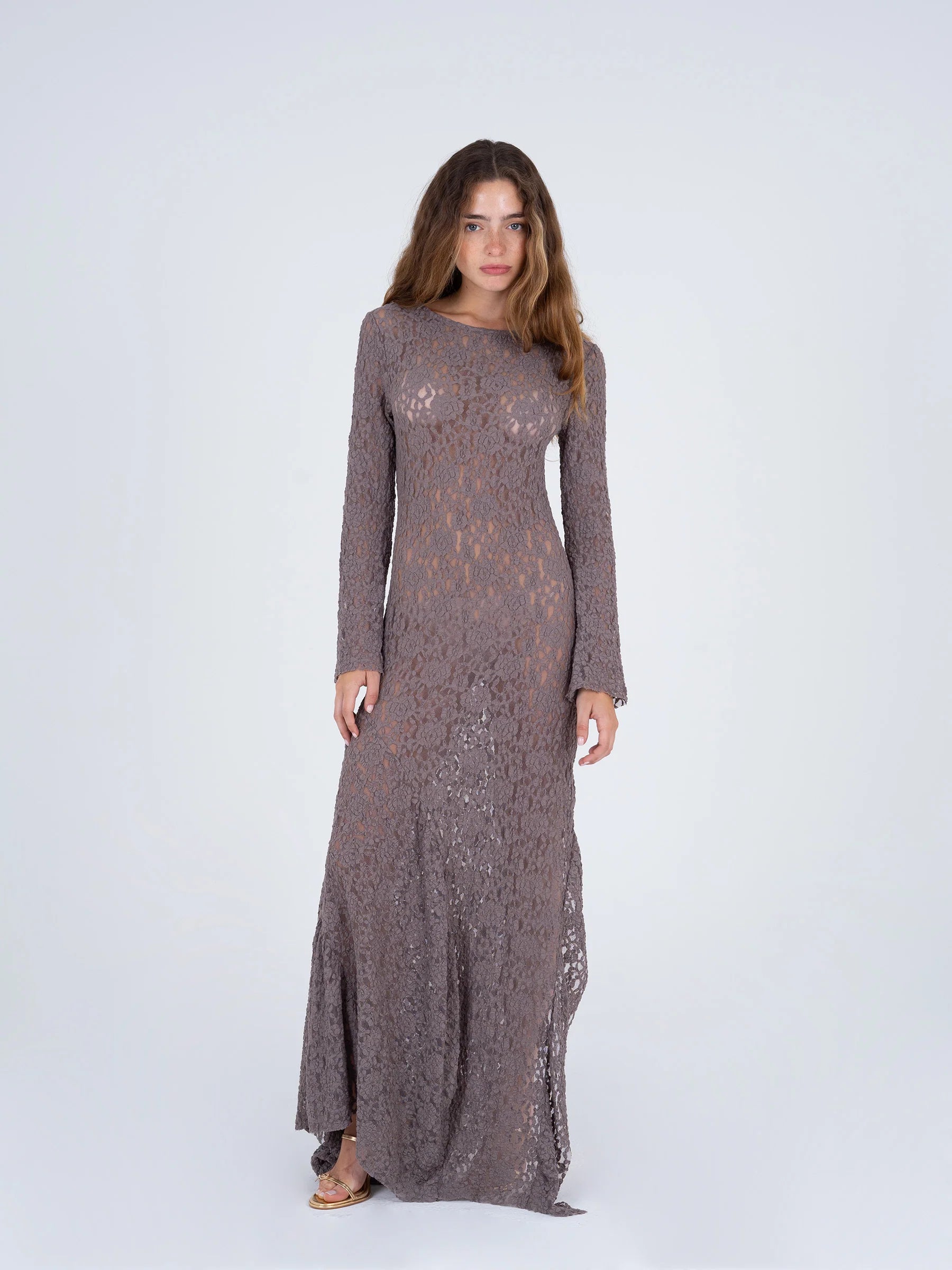 CARMEN SAYS Greige Long-Sleeved Lace Maxi Dress