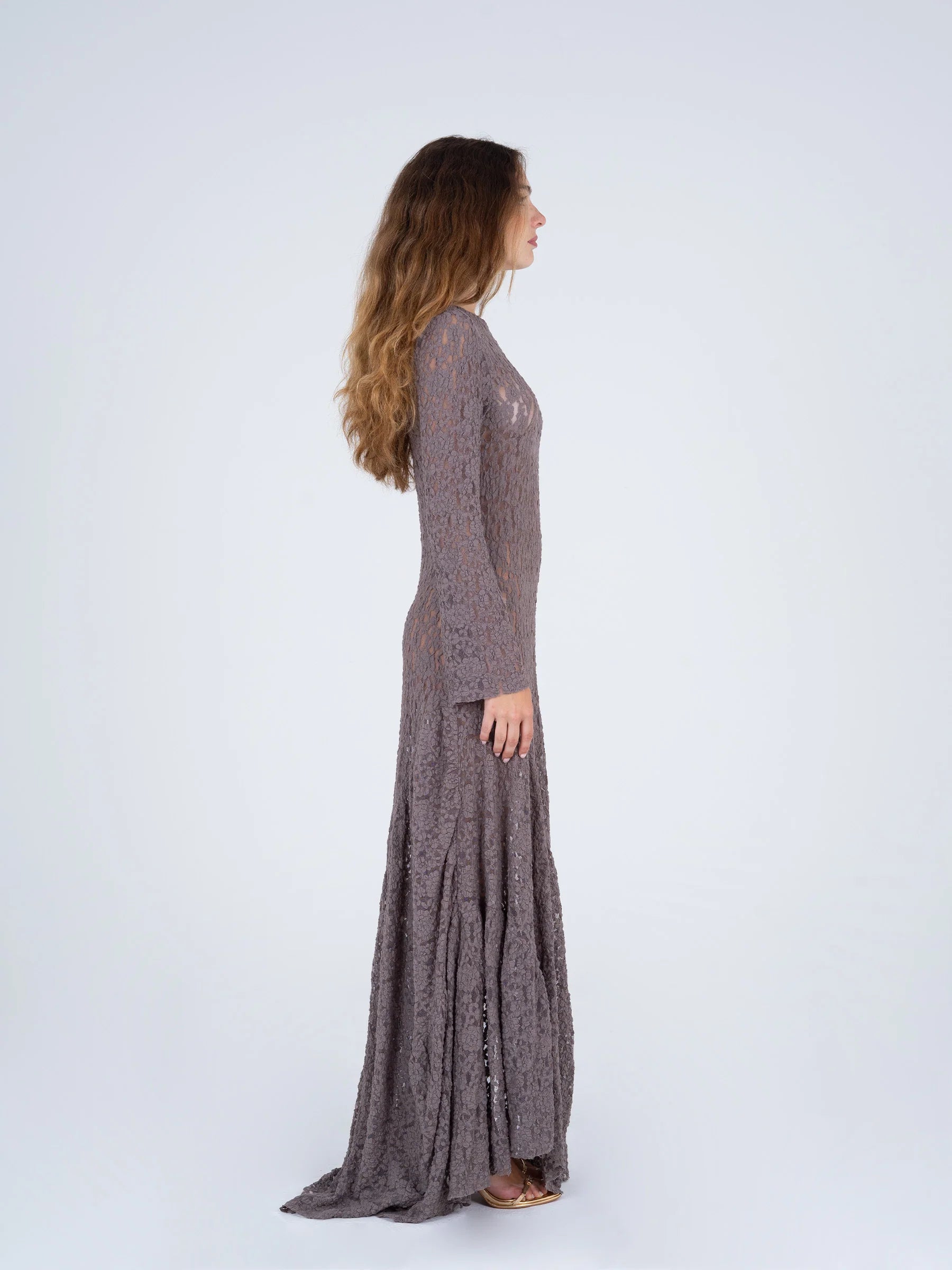 CARMEN SAYS Greige Long-Sleeved Lace Maxi Dress