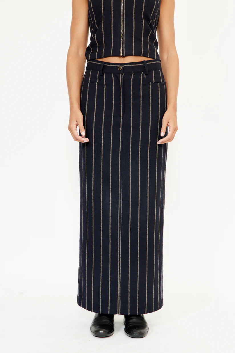 MUSIER PARIS Fitted straight navy long skirt