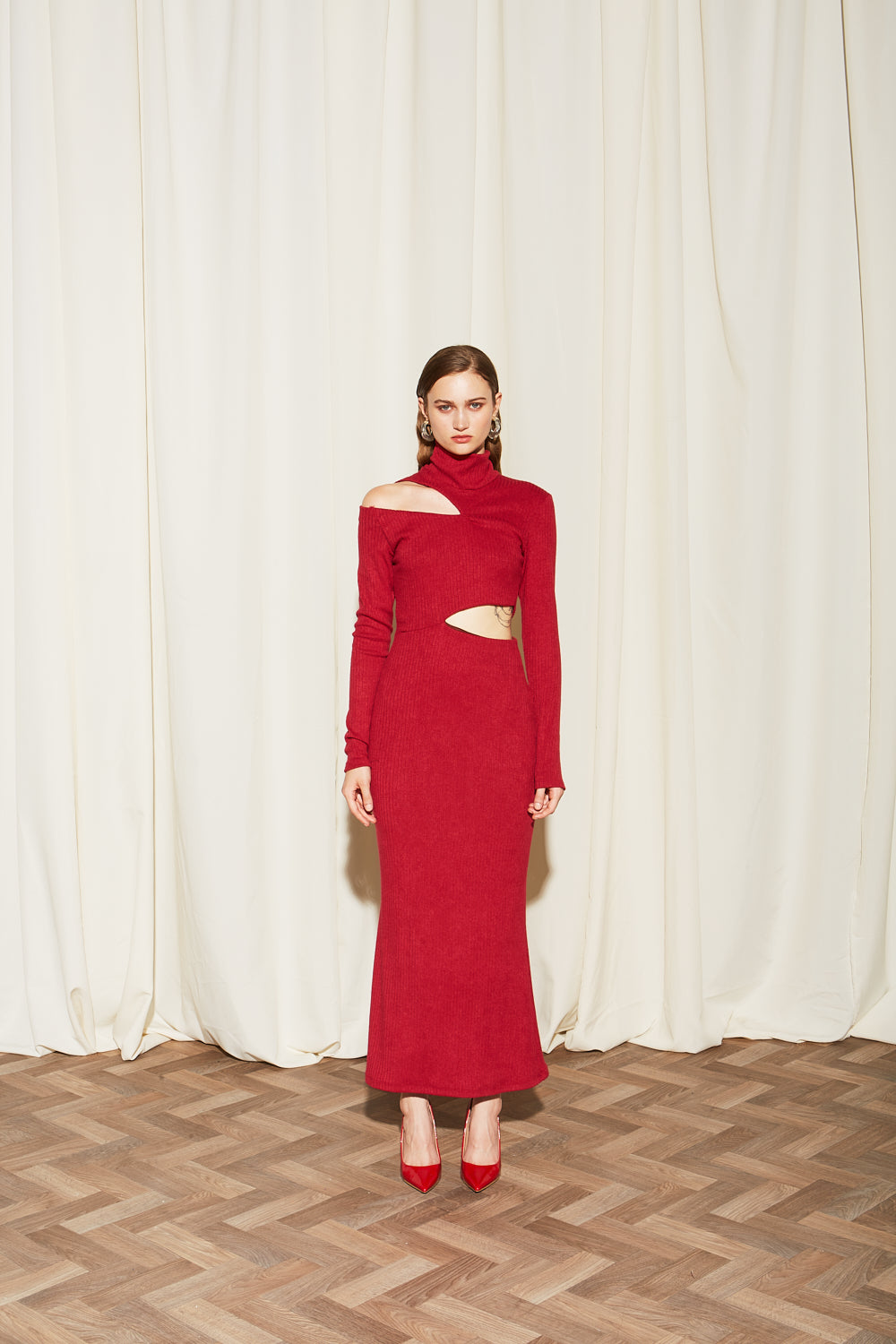 Ananke red midi dress with side cut-out front view