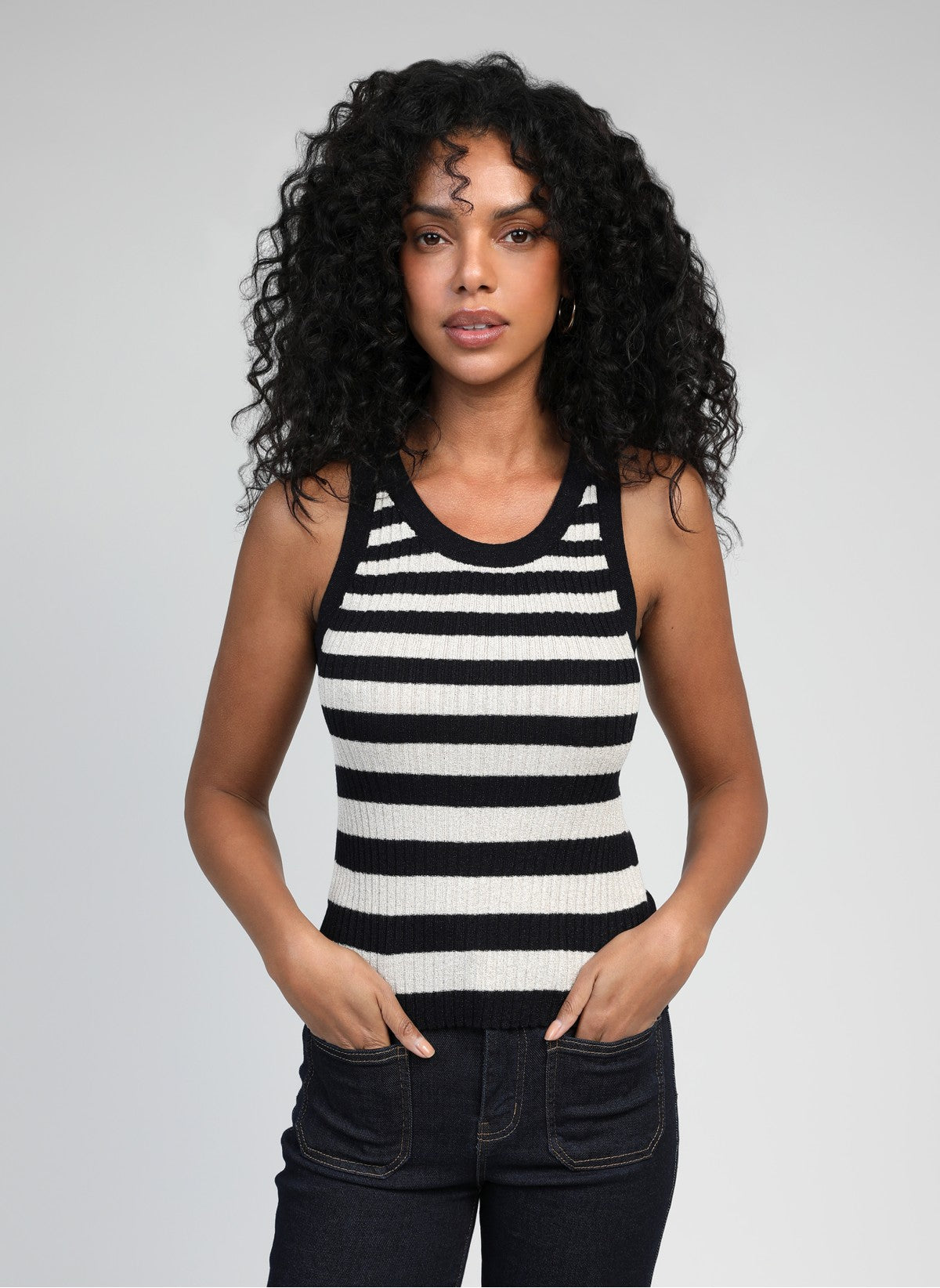 An’ge Ava striped rib knit tank top black and white fitted full body look