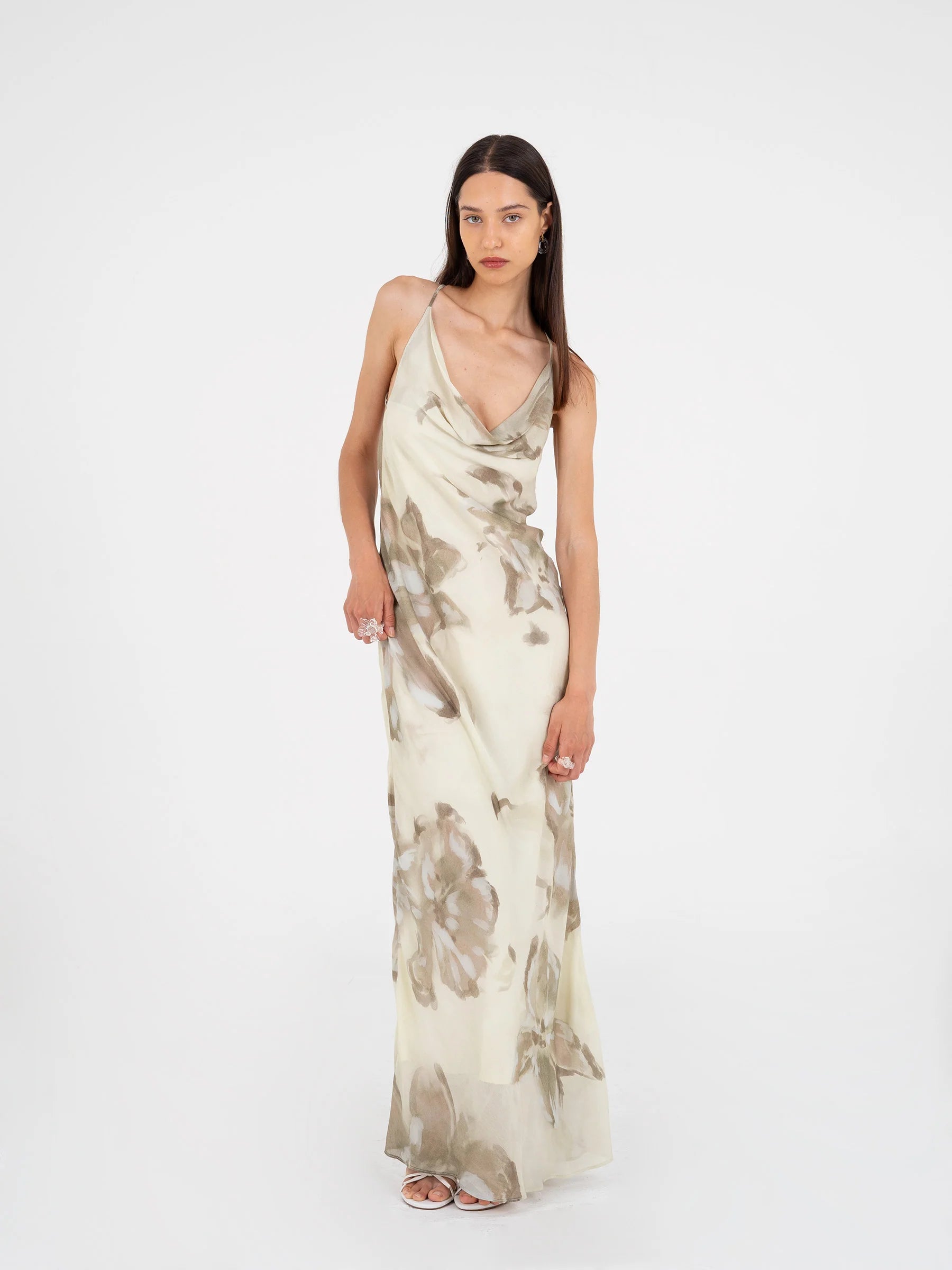 Beige floral printed maxi dress front view with crisscross back straps open back design lined, summer evening dress