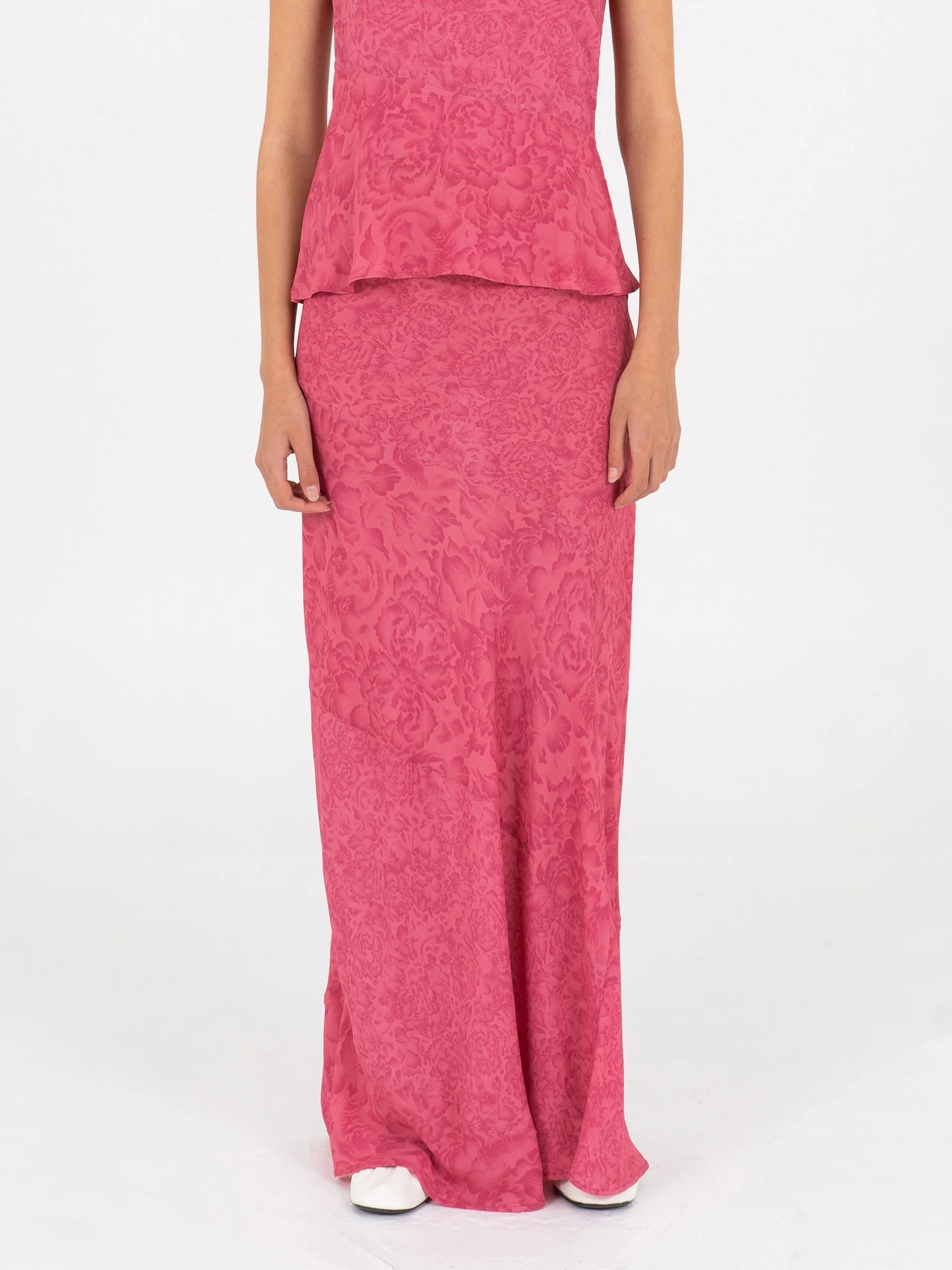 Carmen Says pink long low rise skirt full length front detail with invisible side zipper soft flowing