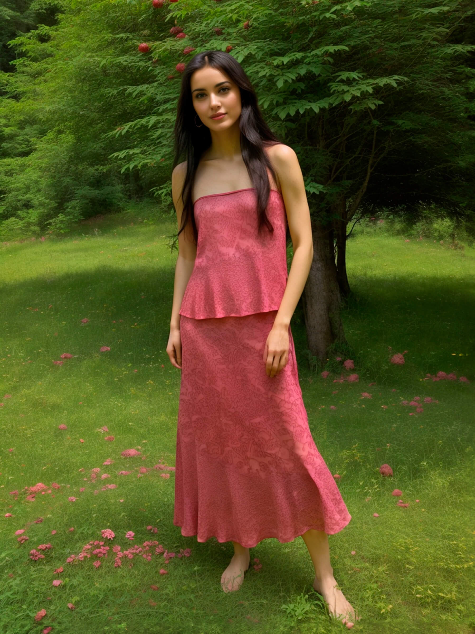Carmen Says pink long low rise skirt garden look with invisible side zipper romantic summer styling