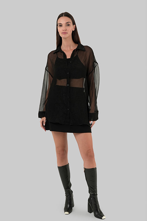 Chloe Shirt black semi-transparent oversized shirt front view with collar and long sleeves made in Italy
