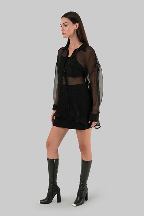 Chloe Shirt black semi-transparent oversized shirt full body look with collar and long sleeves made in Italy