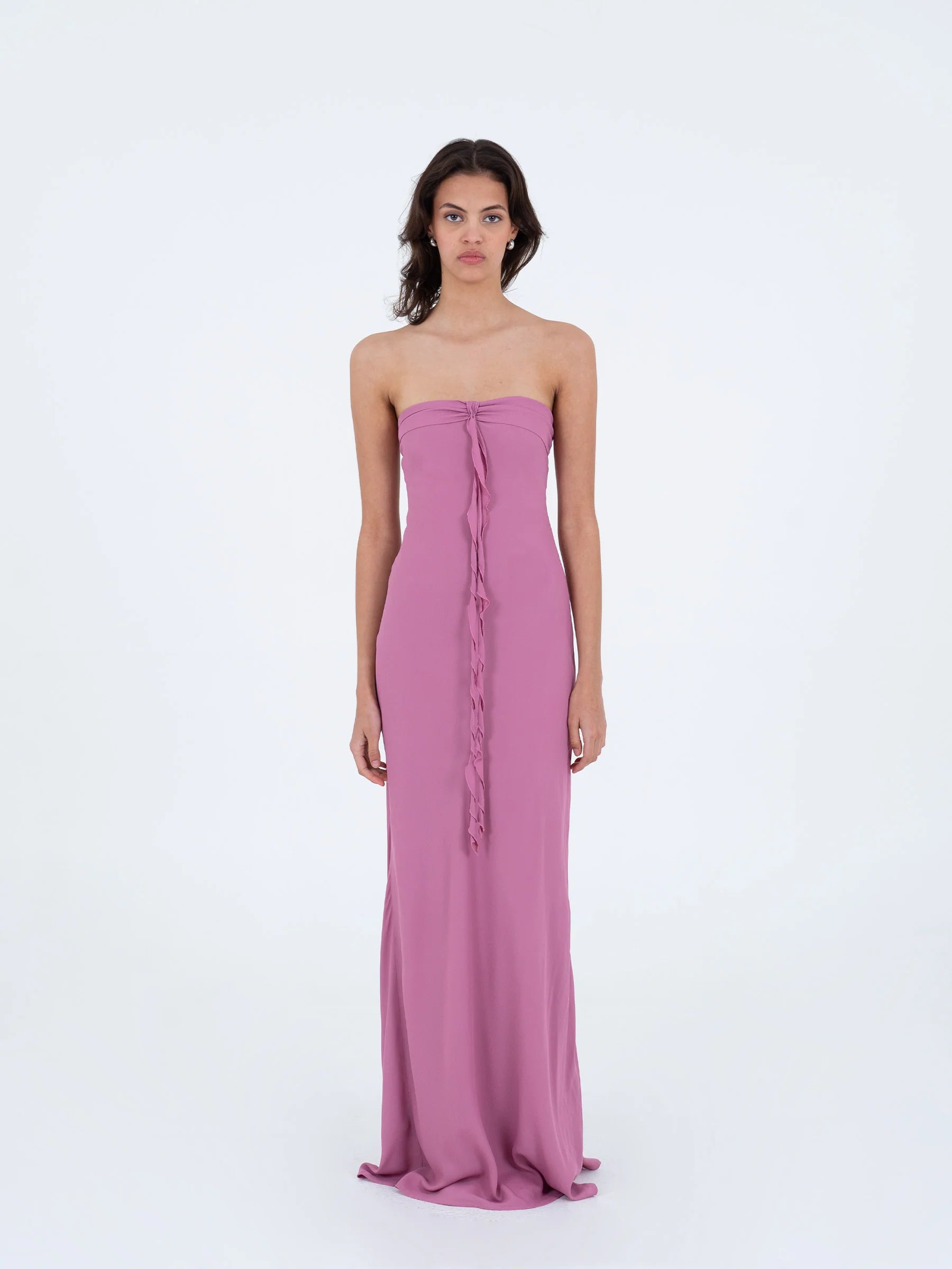 Pink strapless maxi dress front view with ruffled strips across chest long elegant summer dress