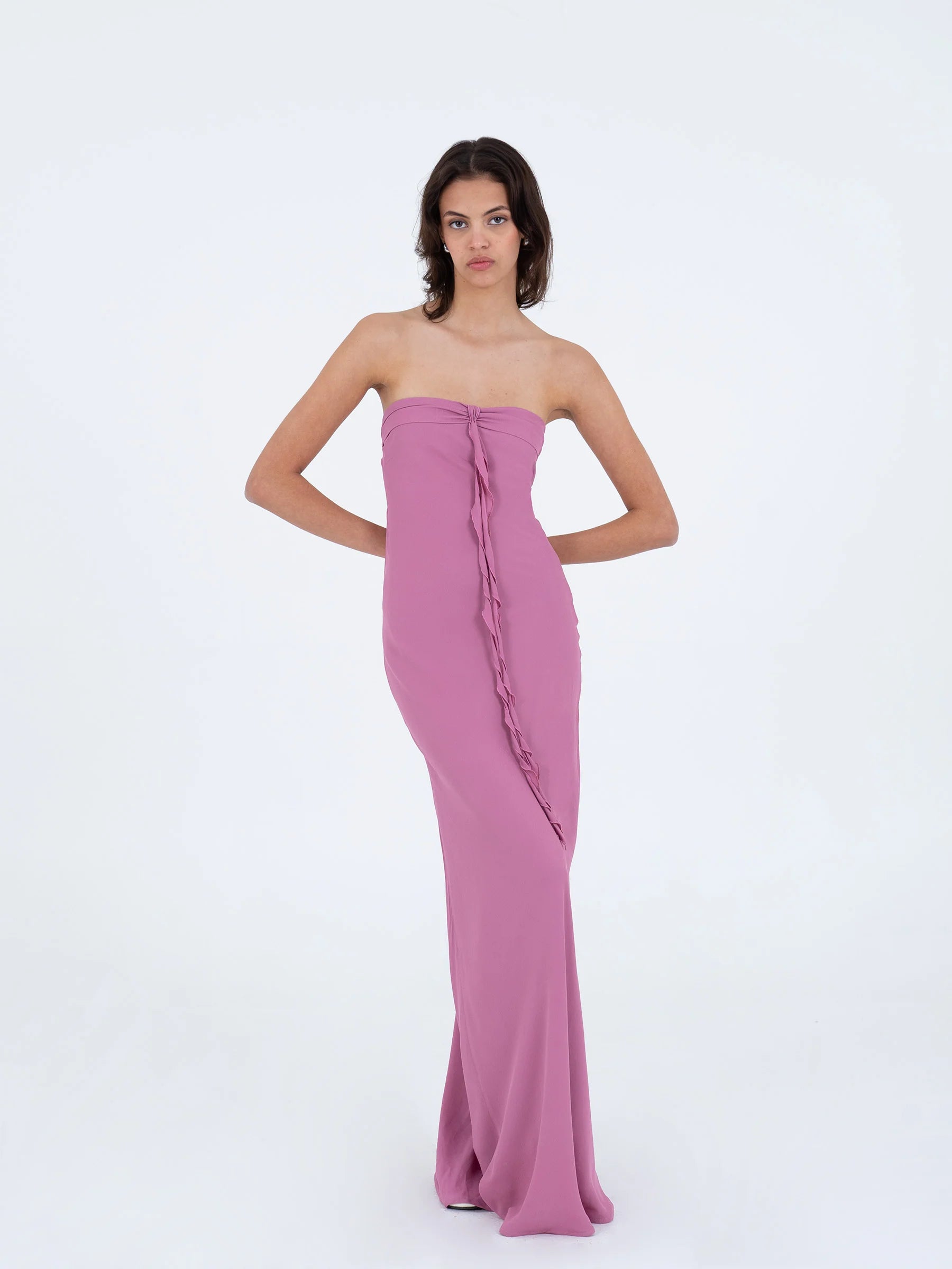 Pink strapless maxi dress full length look elegant summer dress with ruffled strips across chest