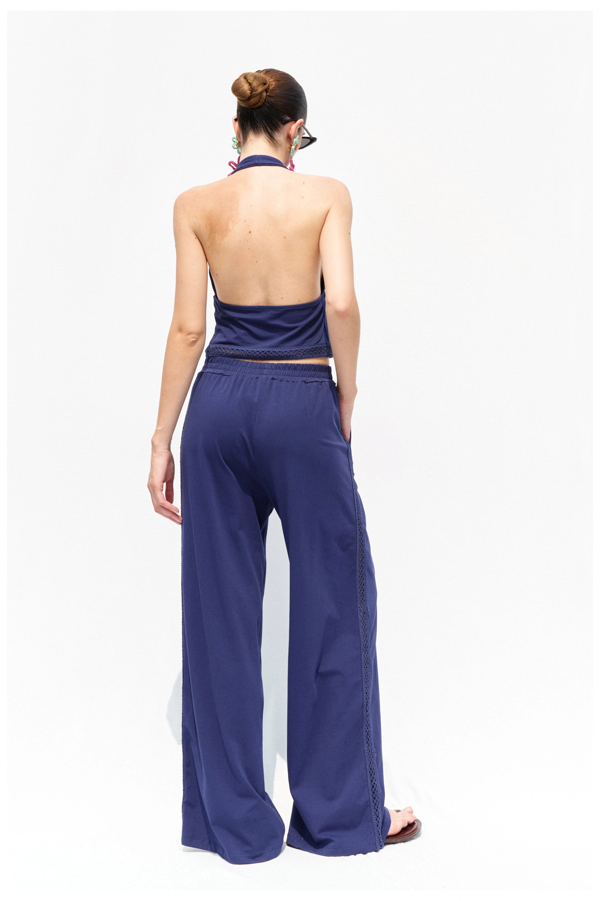 Blue halter top and trousers set back view