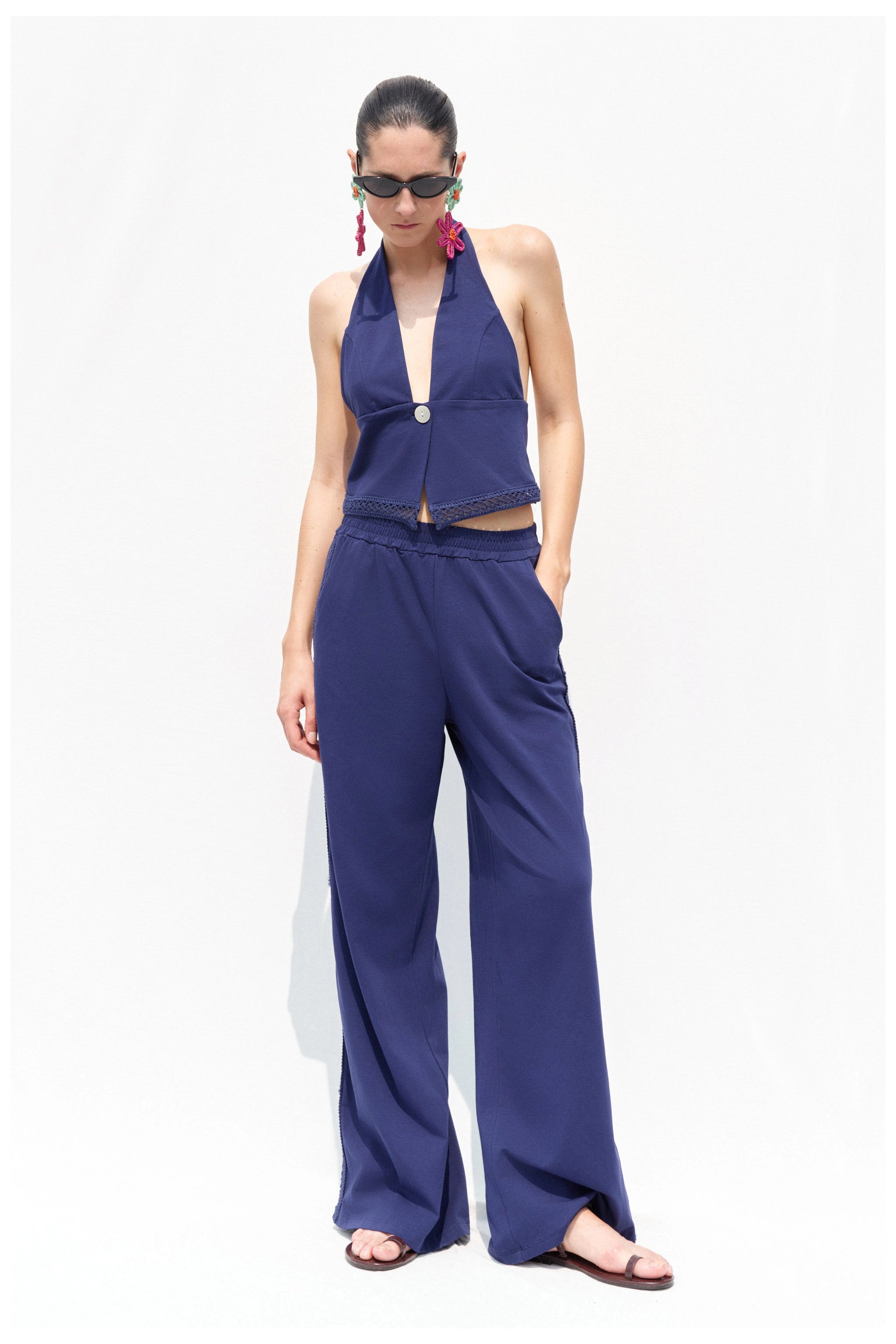 Blue halter top and trousers set full length front view