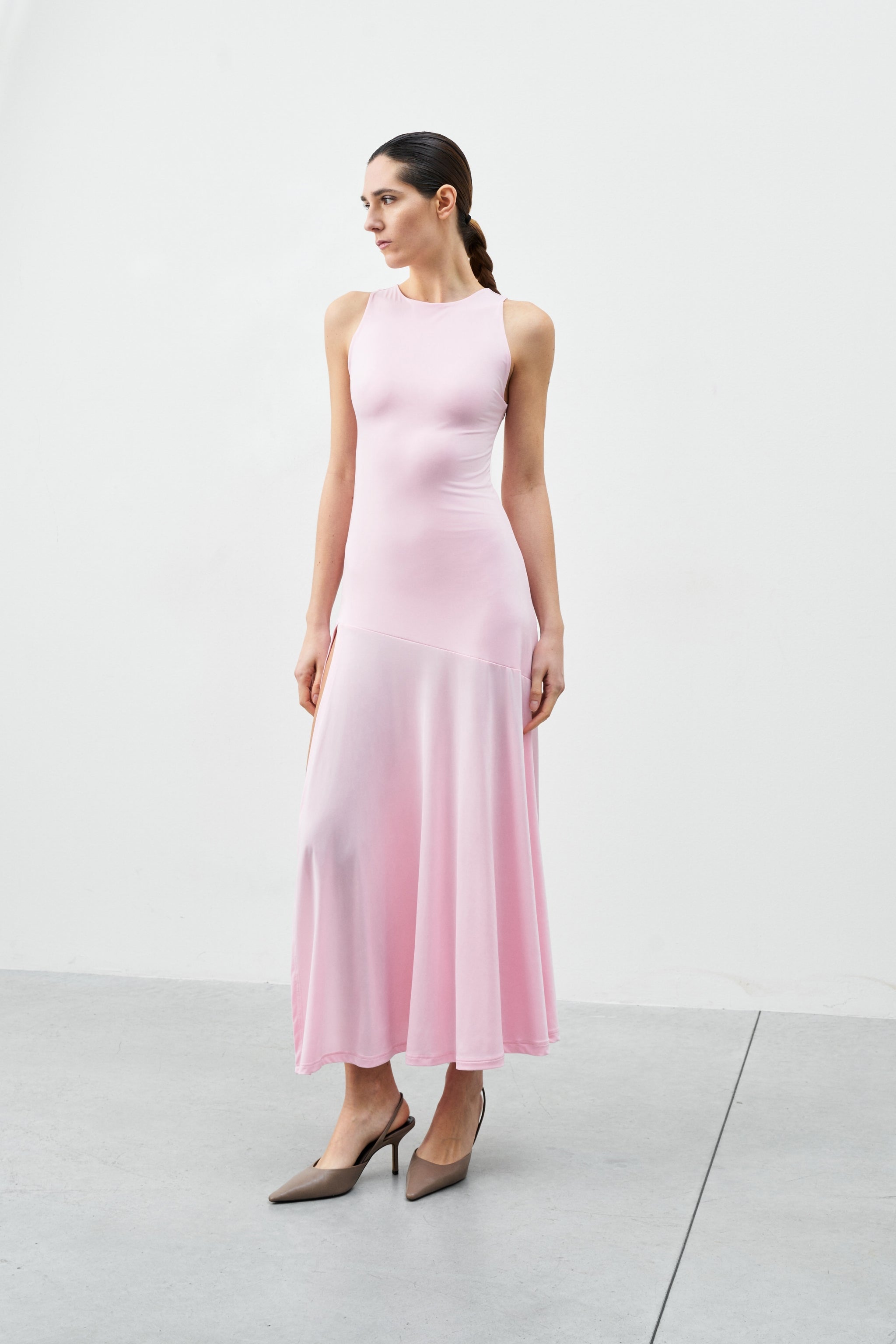 Mirage Dress rosa sleeveless midi dress front view round neckline relaxed fit made in Italy