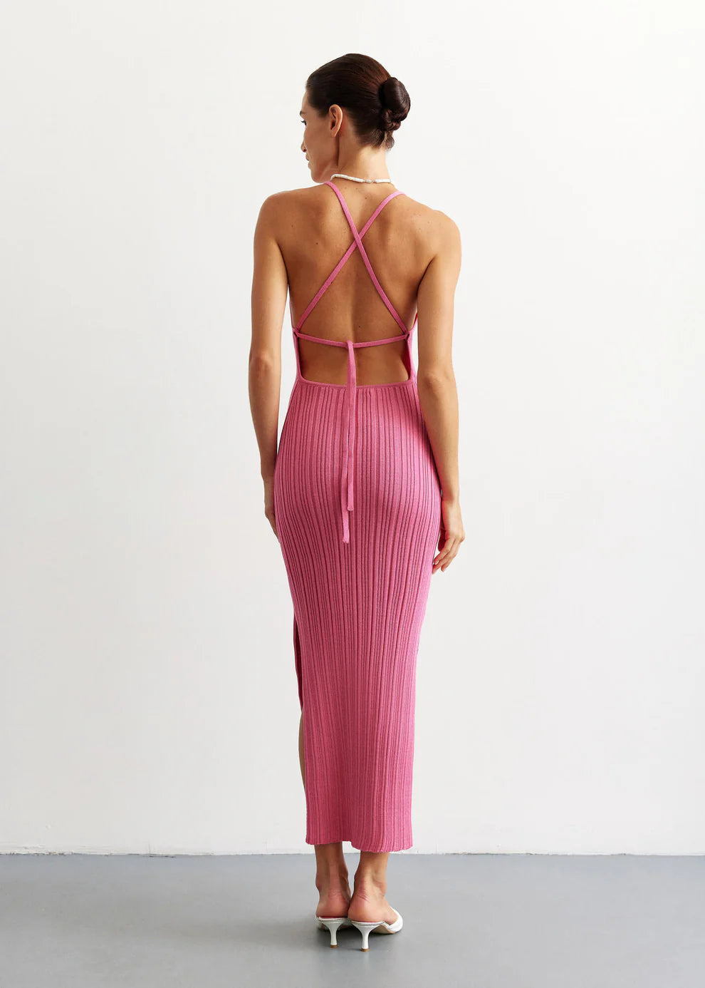 raspberry rib knit maxi dress lace up back view