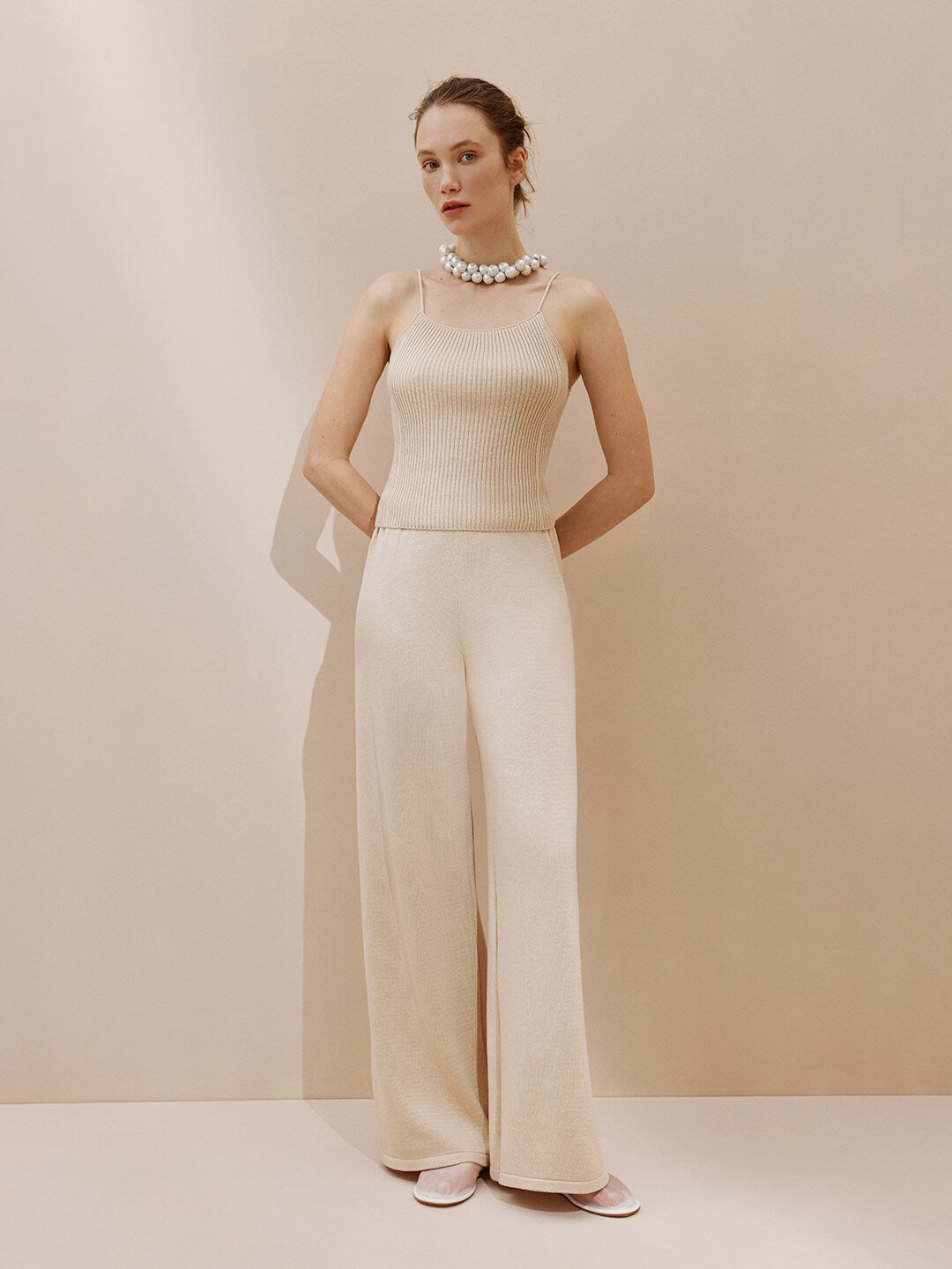 Cream rib knit crop top full body view