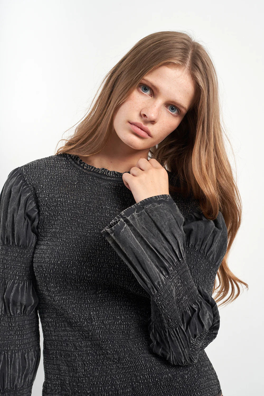 Par Escala washed black long-sleeved mini dress close-up detail of fabric and fit