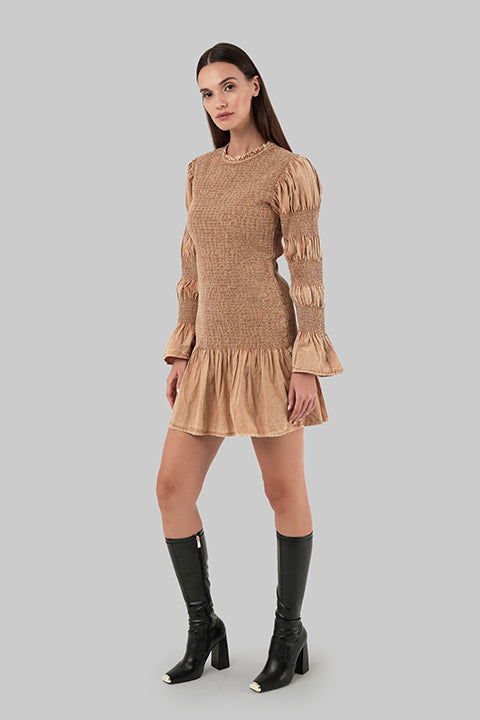 Par Escala washed camel long-sleeved mini dress side view