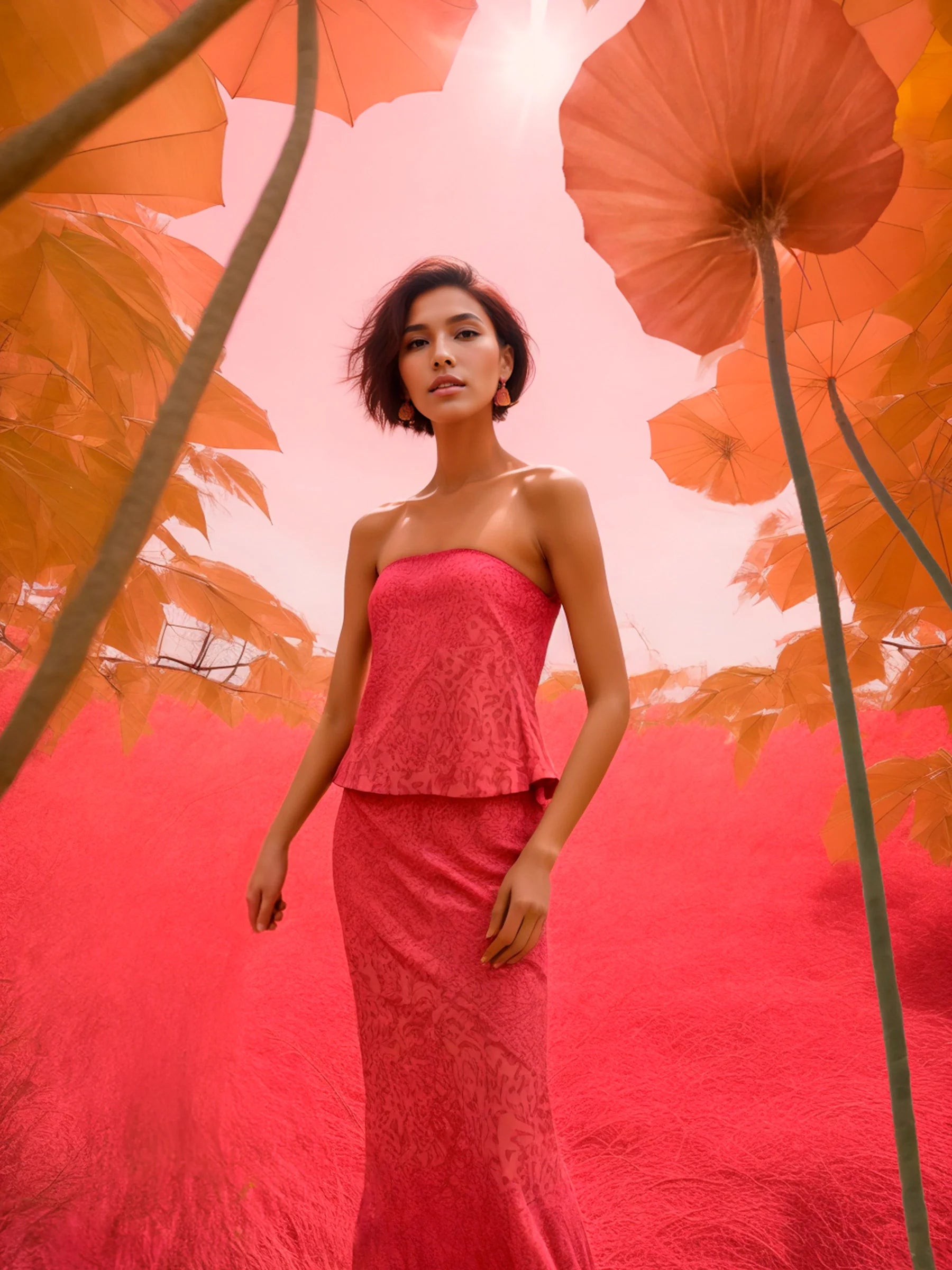 Pink floral strapless top styled in editorial floral setting invisible side zipper lightweight