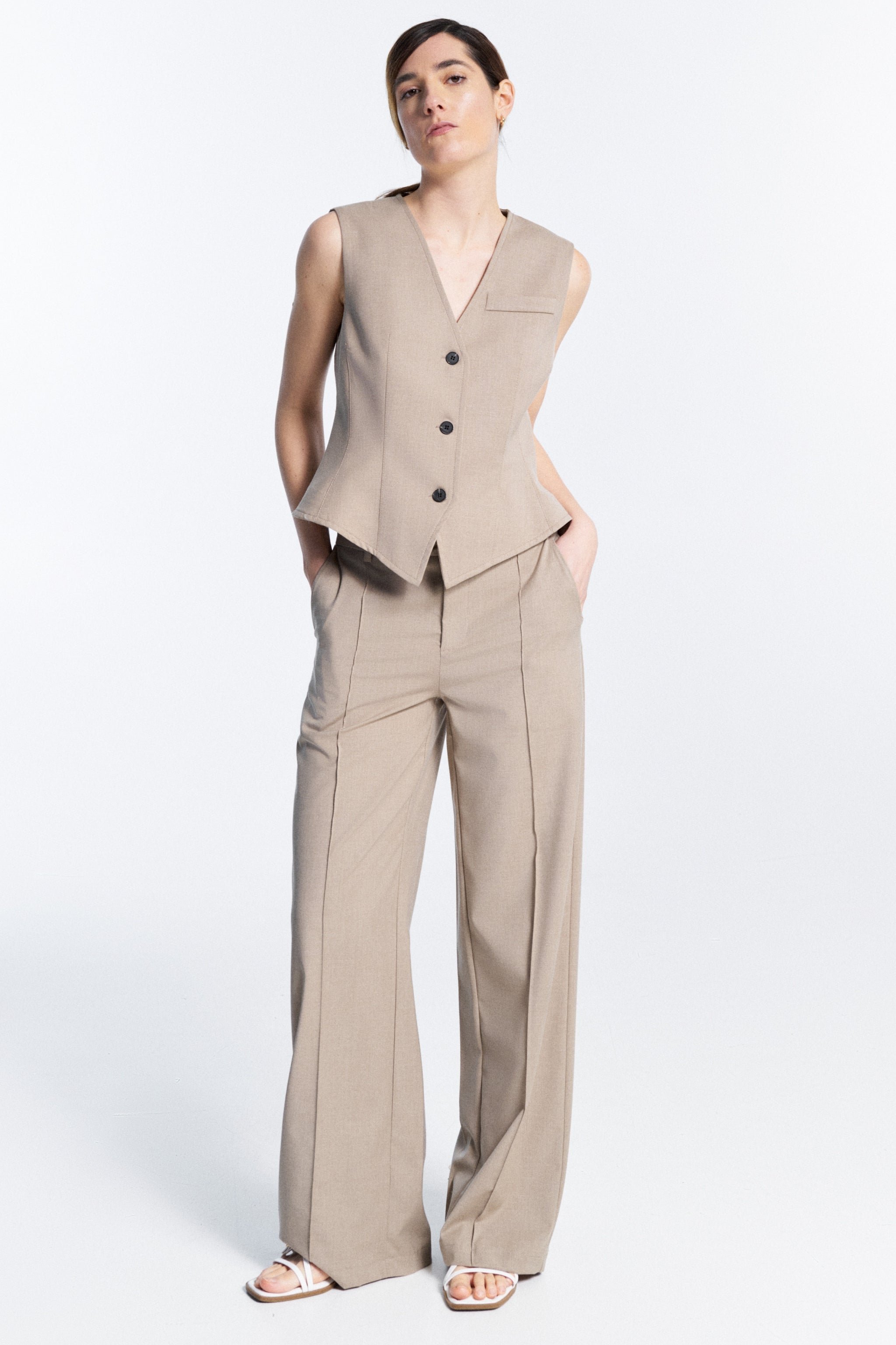 Serena Vest mud gray V neck vest full look styled with matching high waisted trousers