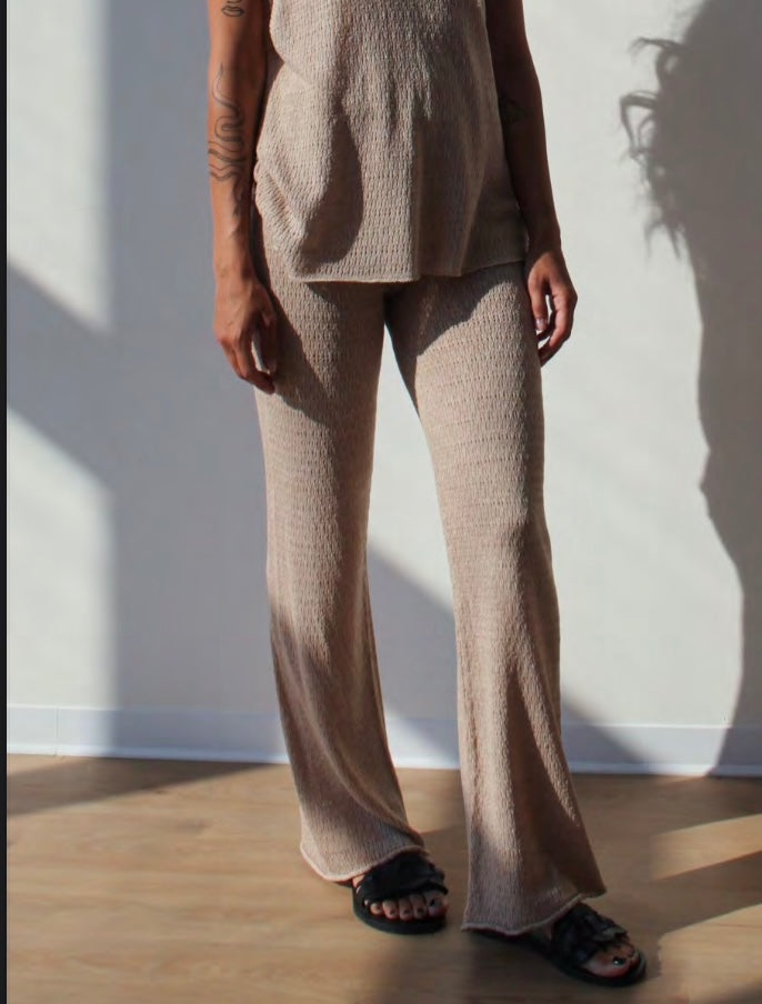 Valeria Set beige knitted pants detail high waist wide leg design