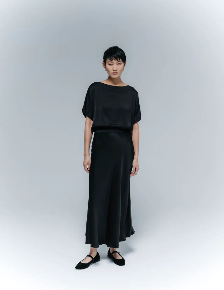 A LINE Black Midi Satin Skirt