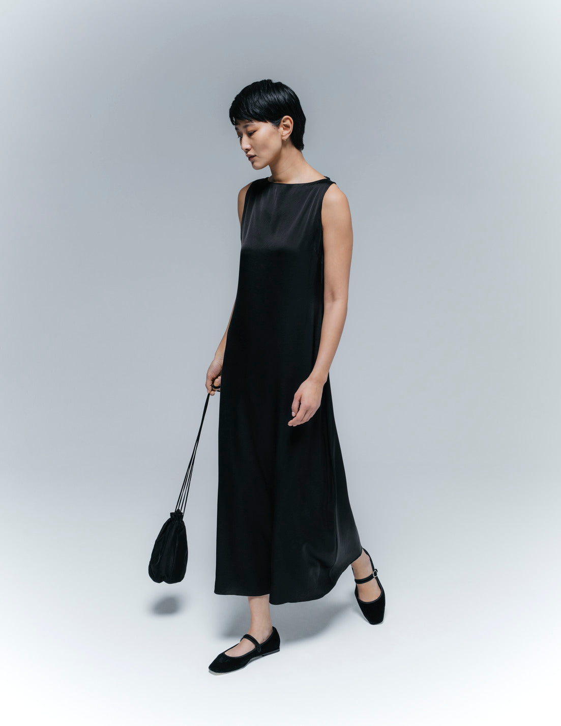 A LINE Satin midi slip dress black