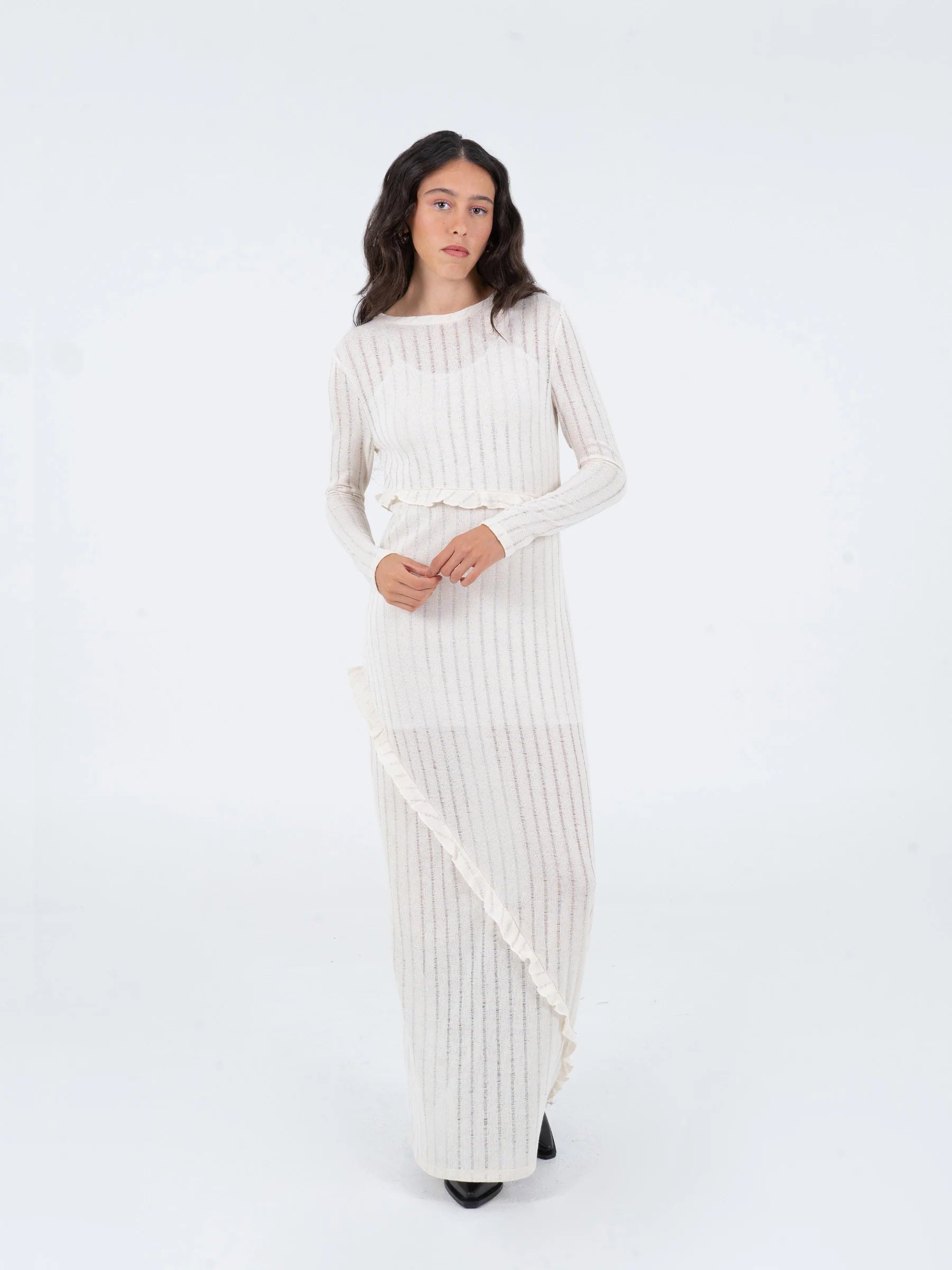 CARMEN SAYS Ribbed Long Sleeved Off White Dress