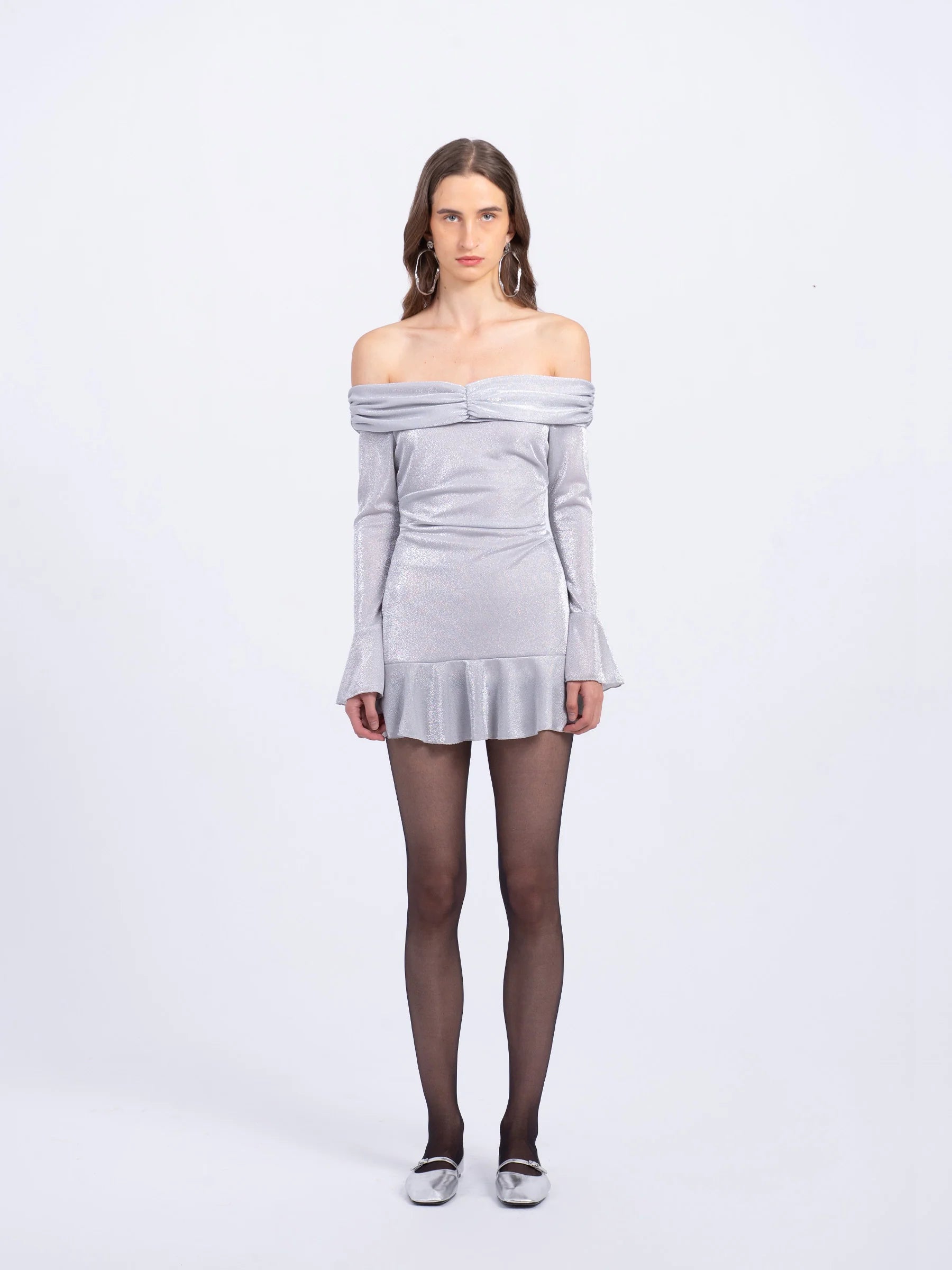 CARMEN SAYS Silver off shoulders short dress with long sleeves