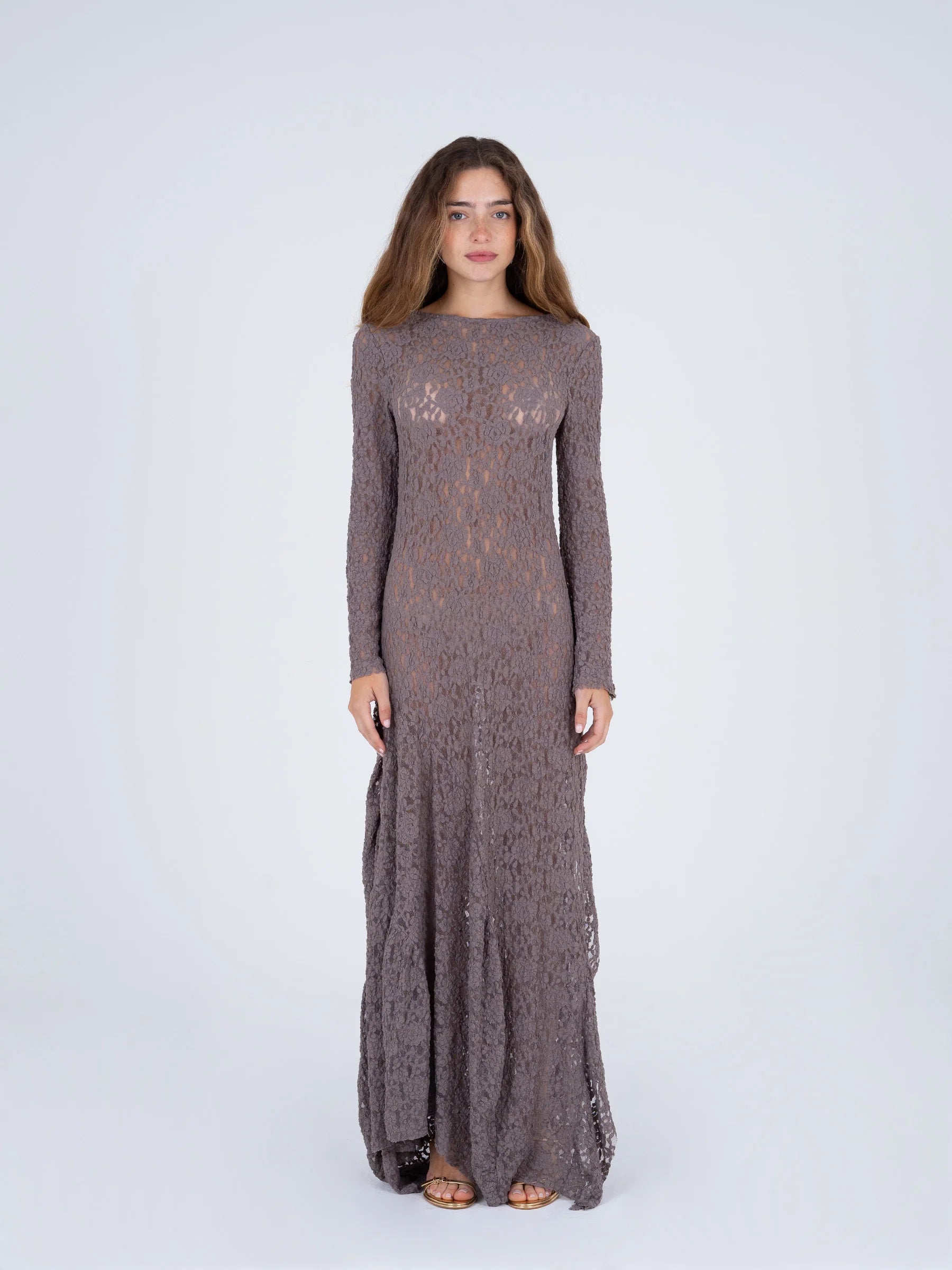 CARMEN SAYS Greige Long-Sleeved Lace Maxi Dress