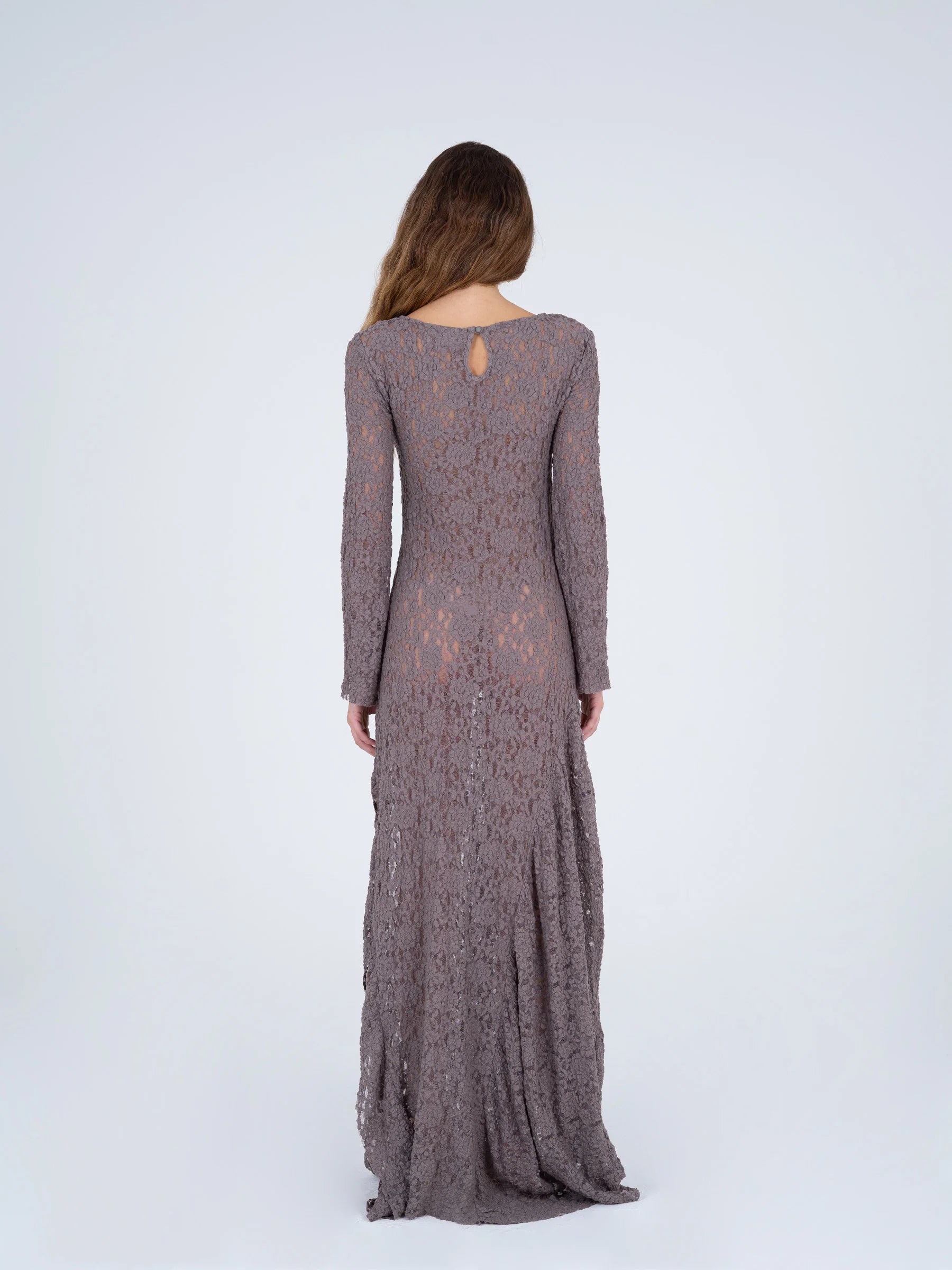 CARMEN SAYS Greige Long-Sleeved Lace Maxi Dress