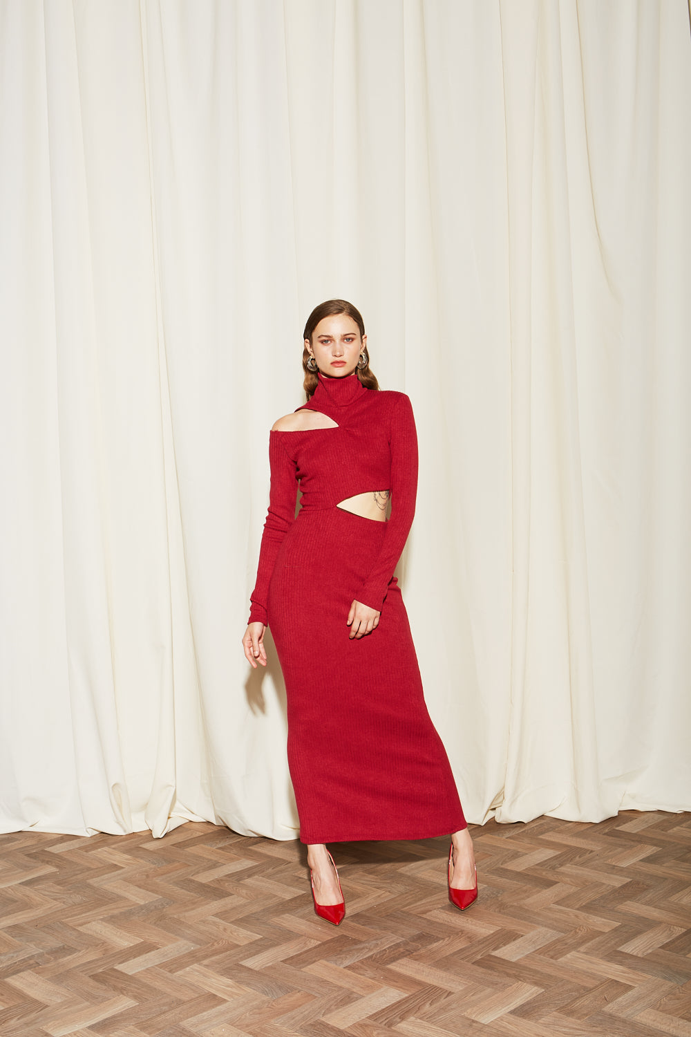 Ananke red midi dress full body view