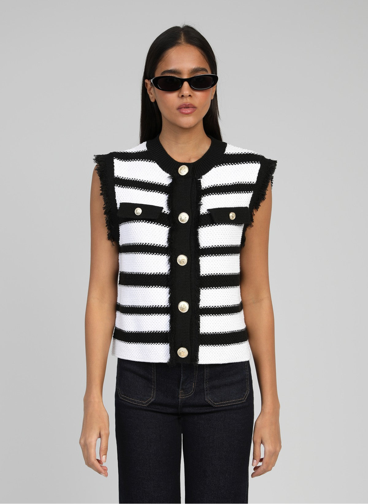 Ange Ava top black and white striped rib knit sleeveless tank top front view fitted silhouette