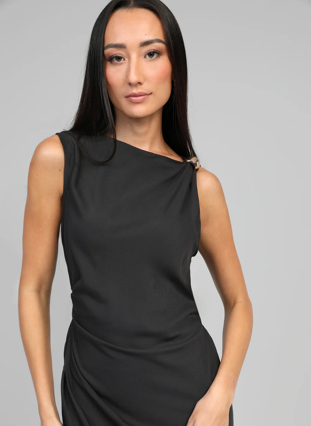 Carbon sleeveless midi dress upper detail view