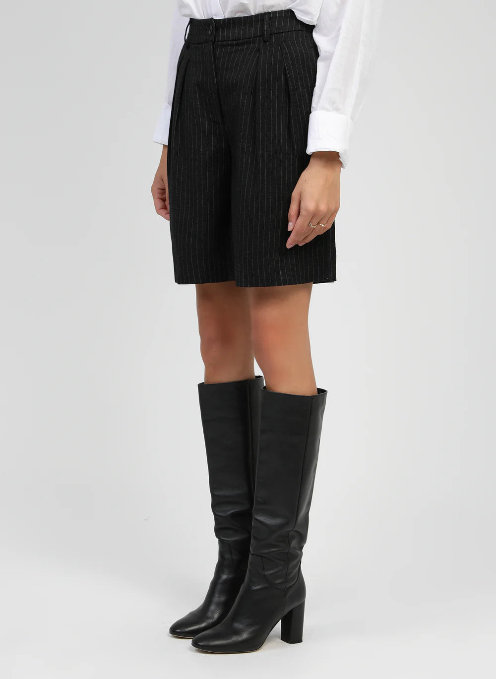 Black tailored wide leg shorts side view