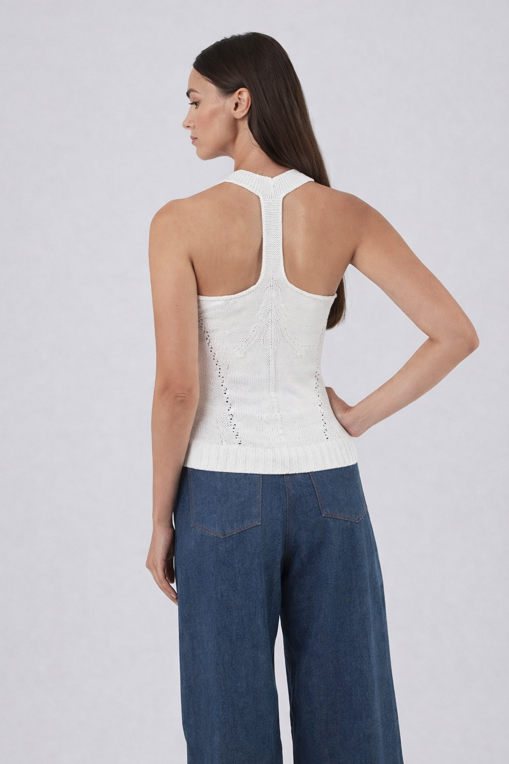 White knit halter top back view