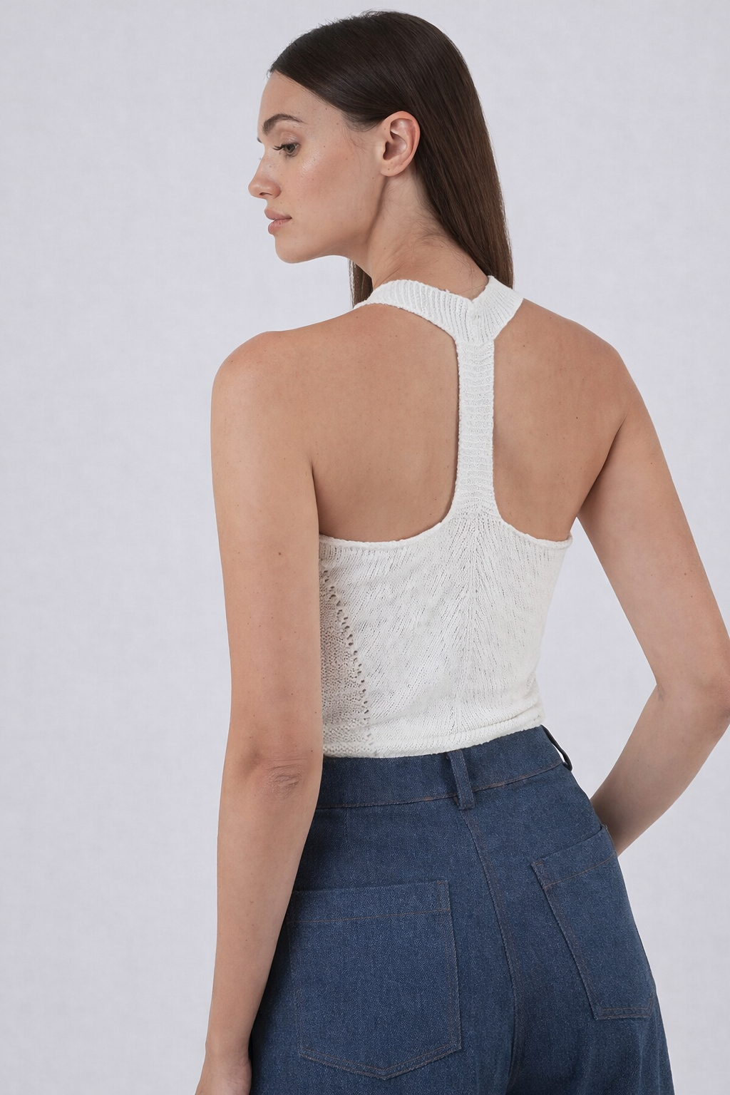 White knit halter top side view