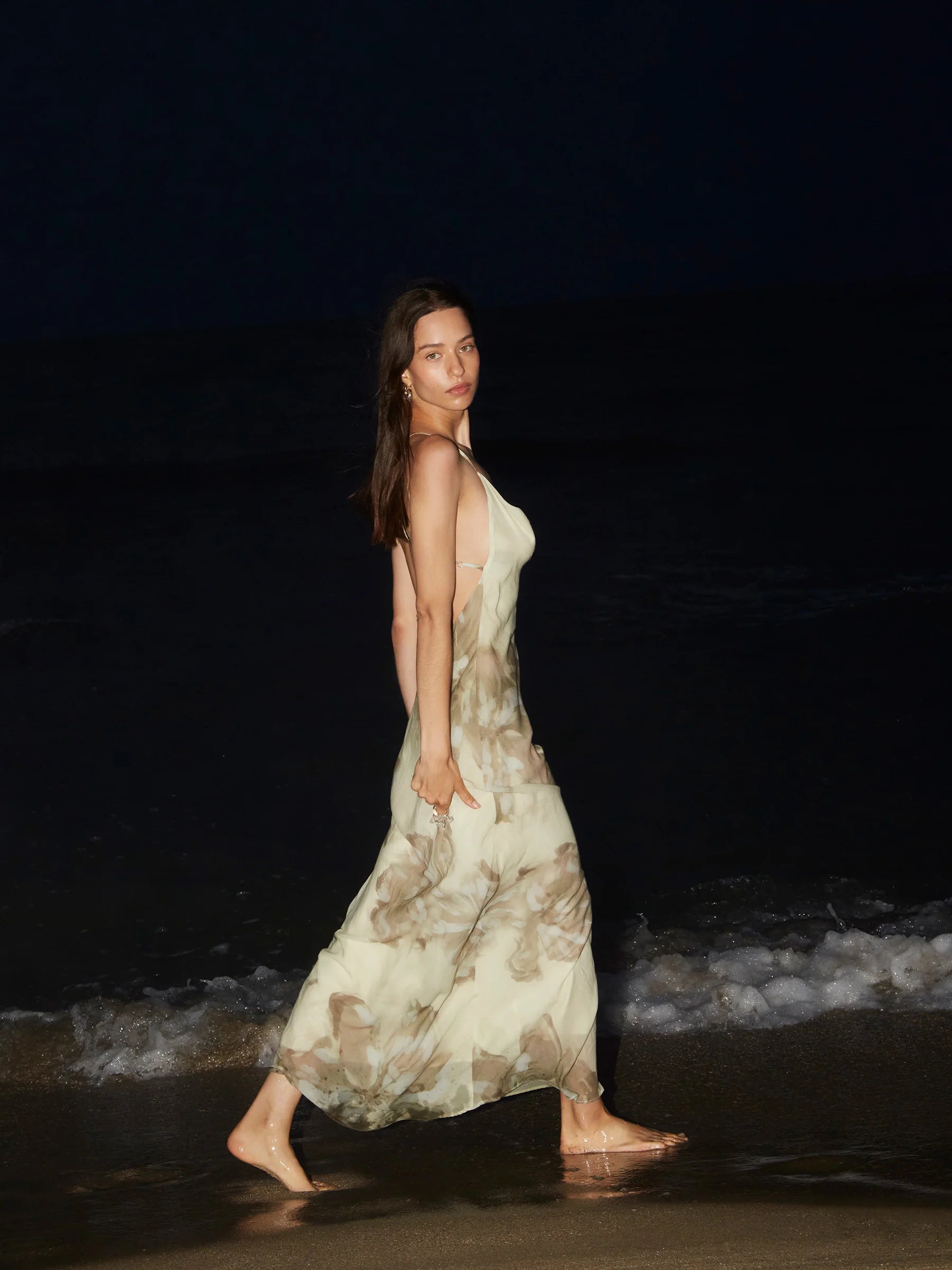 Carmen Says beige floral printed maxi dress, beach evening look with open back and crisscross straps