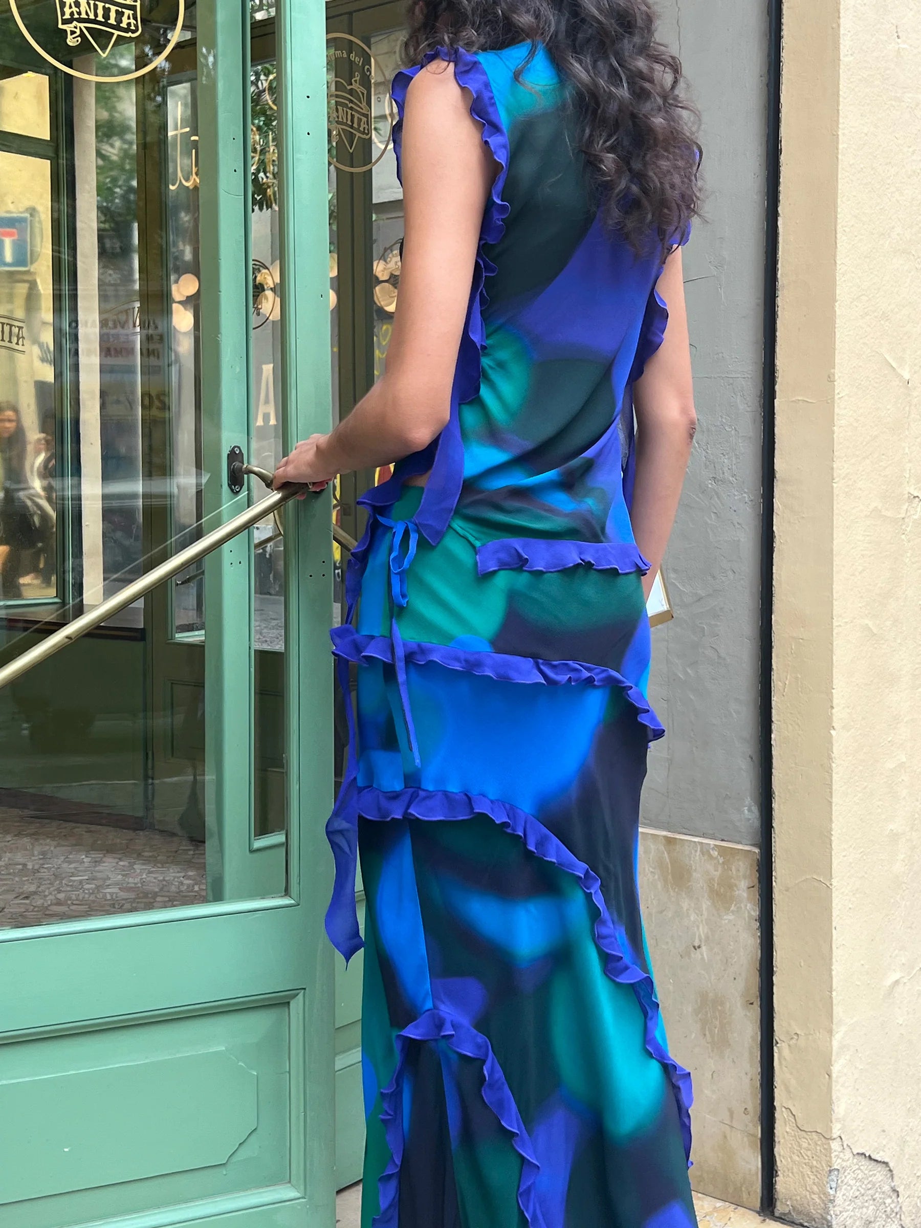 Carmen Says blue multicolor printed long skirt styled in outdoor look with side slit and fluid fit