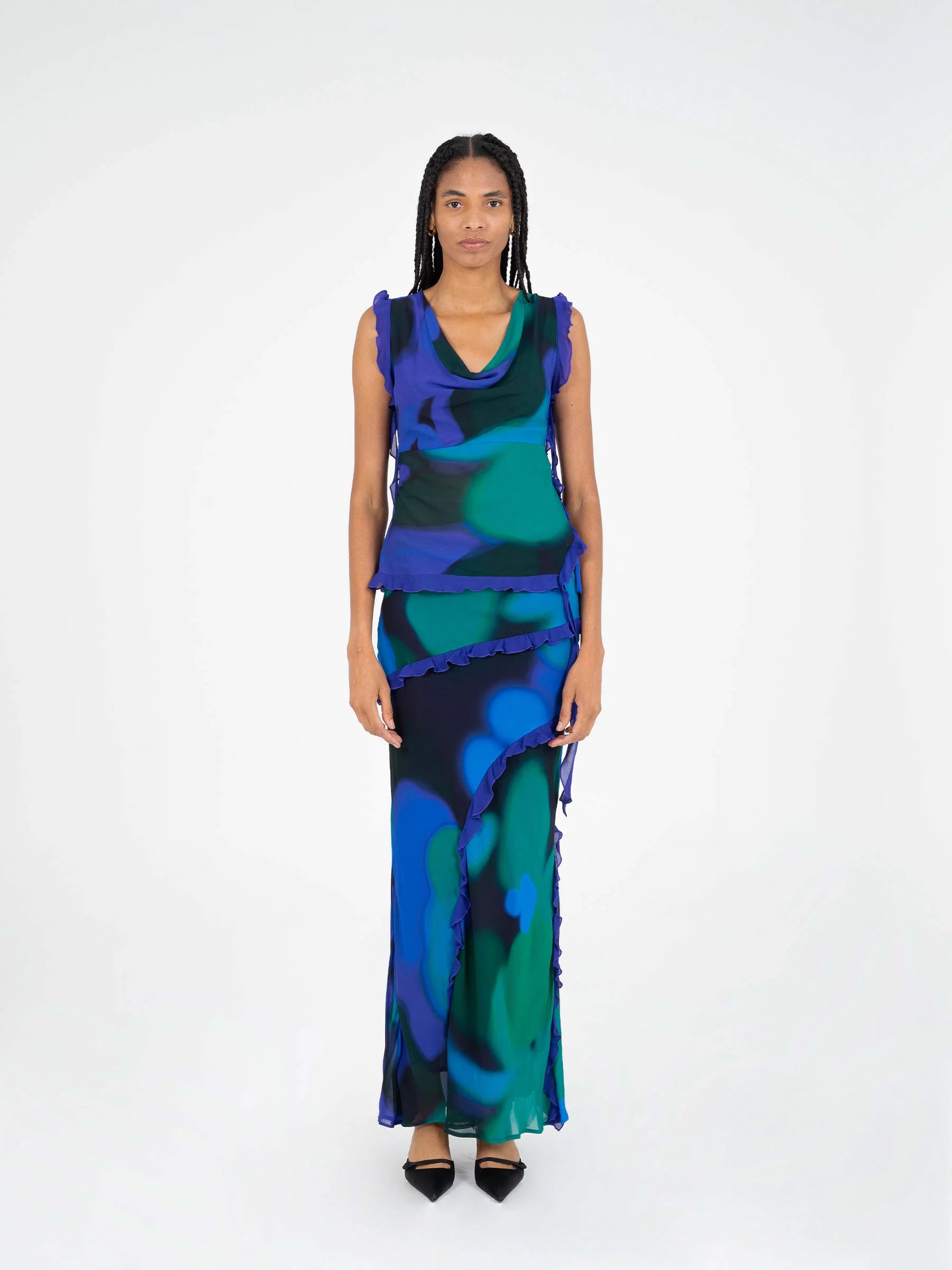 Carmen Says blue multicolor printed long skirt studio full body view with decorative ruffles and side slit