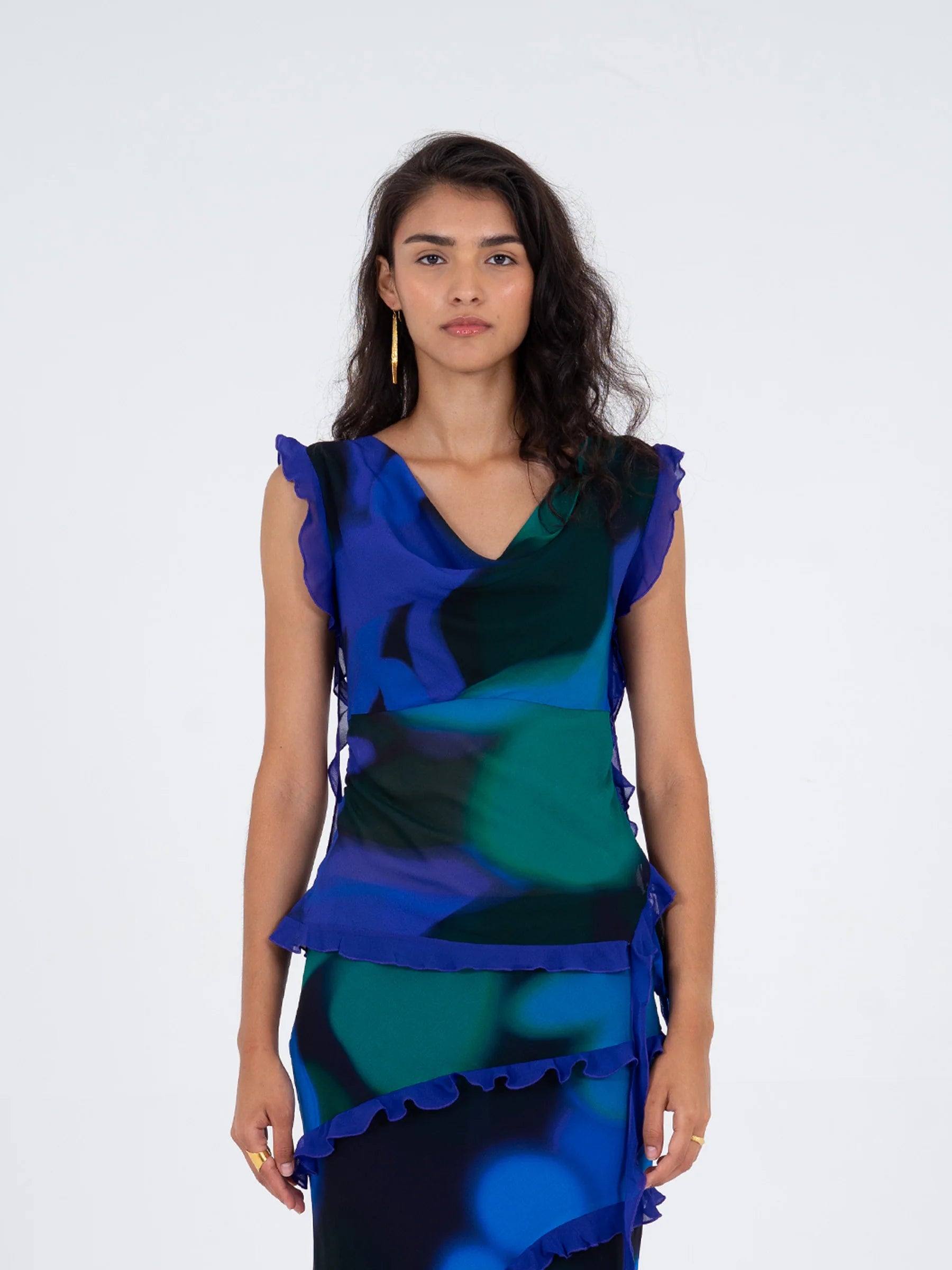 Blue, multicolor printed sleeveless blouse full look with small side slit and ruffle trim lightweight, summer top