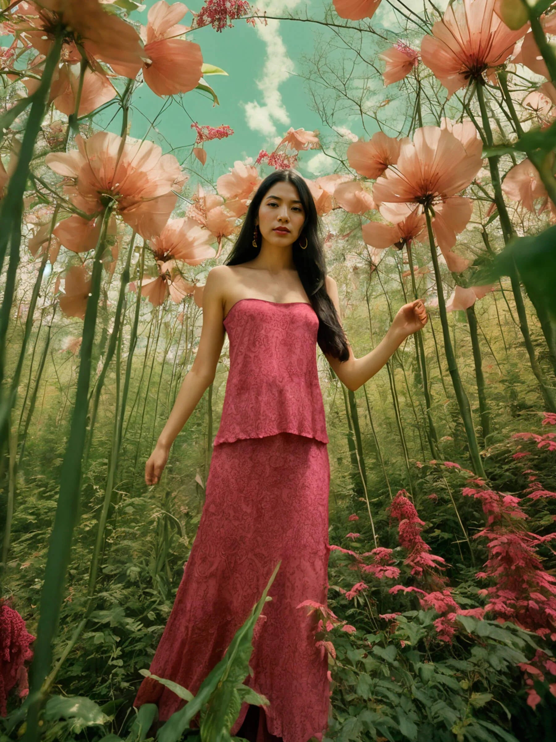 Pink long low rise skirt outdoor floral look with invisible side zipper lightweight ecovero viscose summer styling