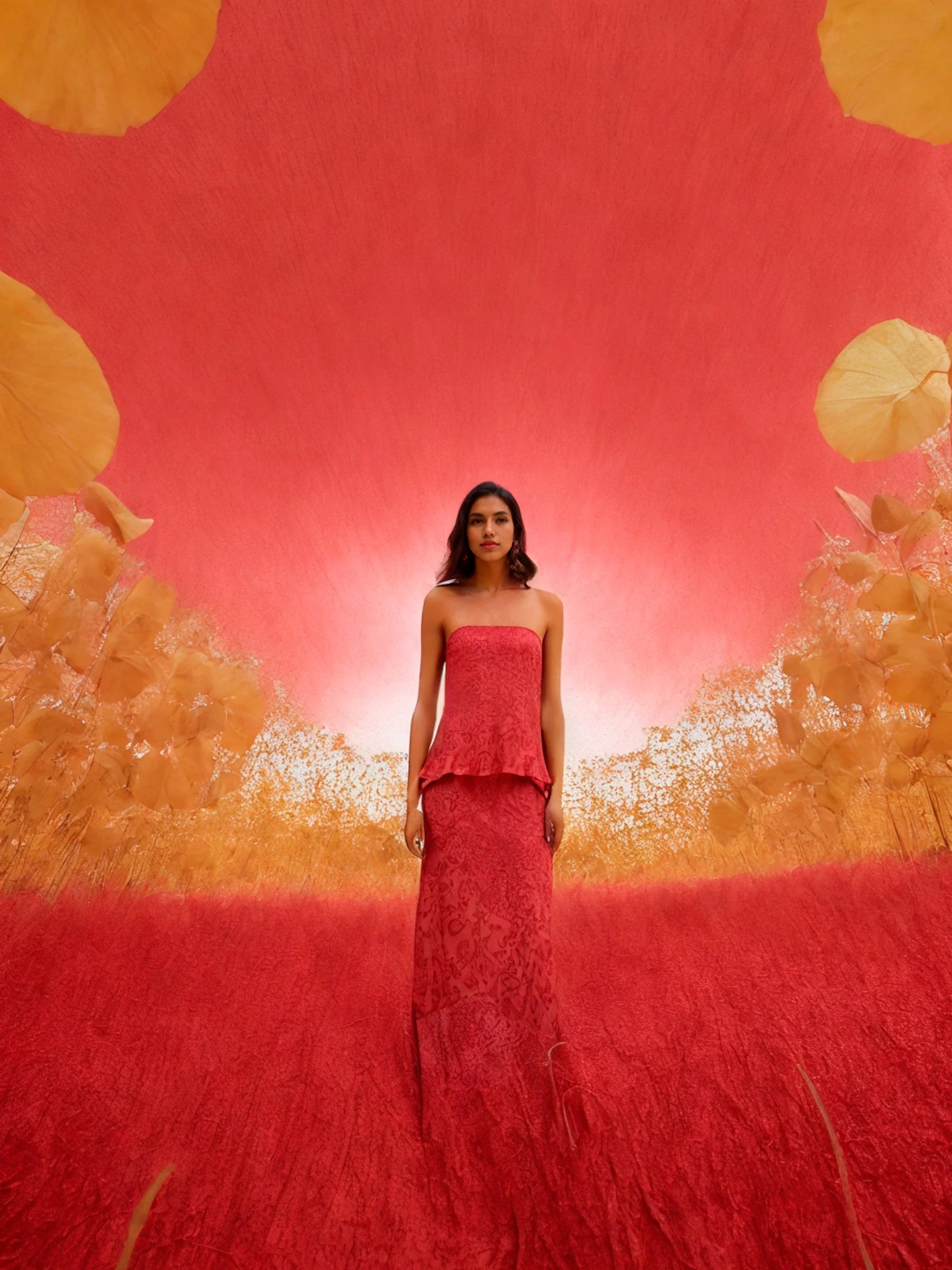 Pink floral strapless top campaign look featuring invisible side zipper and feminine summer styling