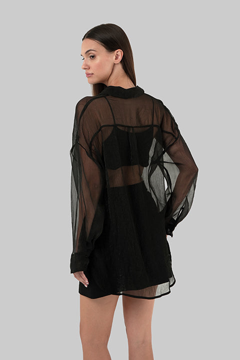Chloe Shirt black semi-transparent oversized shirt back view central button closure long sleeves