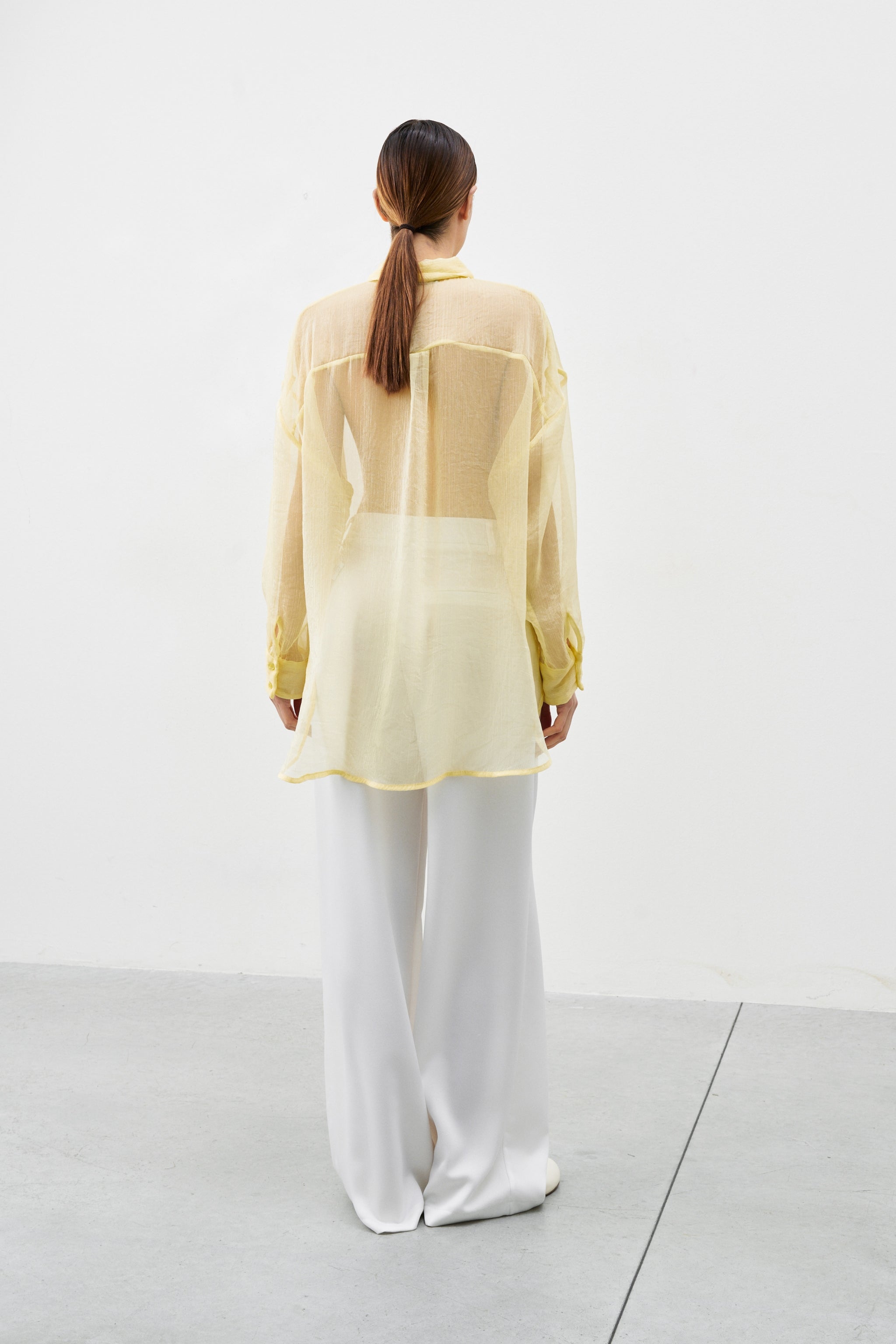 Chloe Shirt yellow semi-transparent oversized shirt back view long sleeves made in Italy