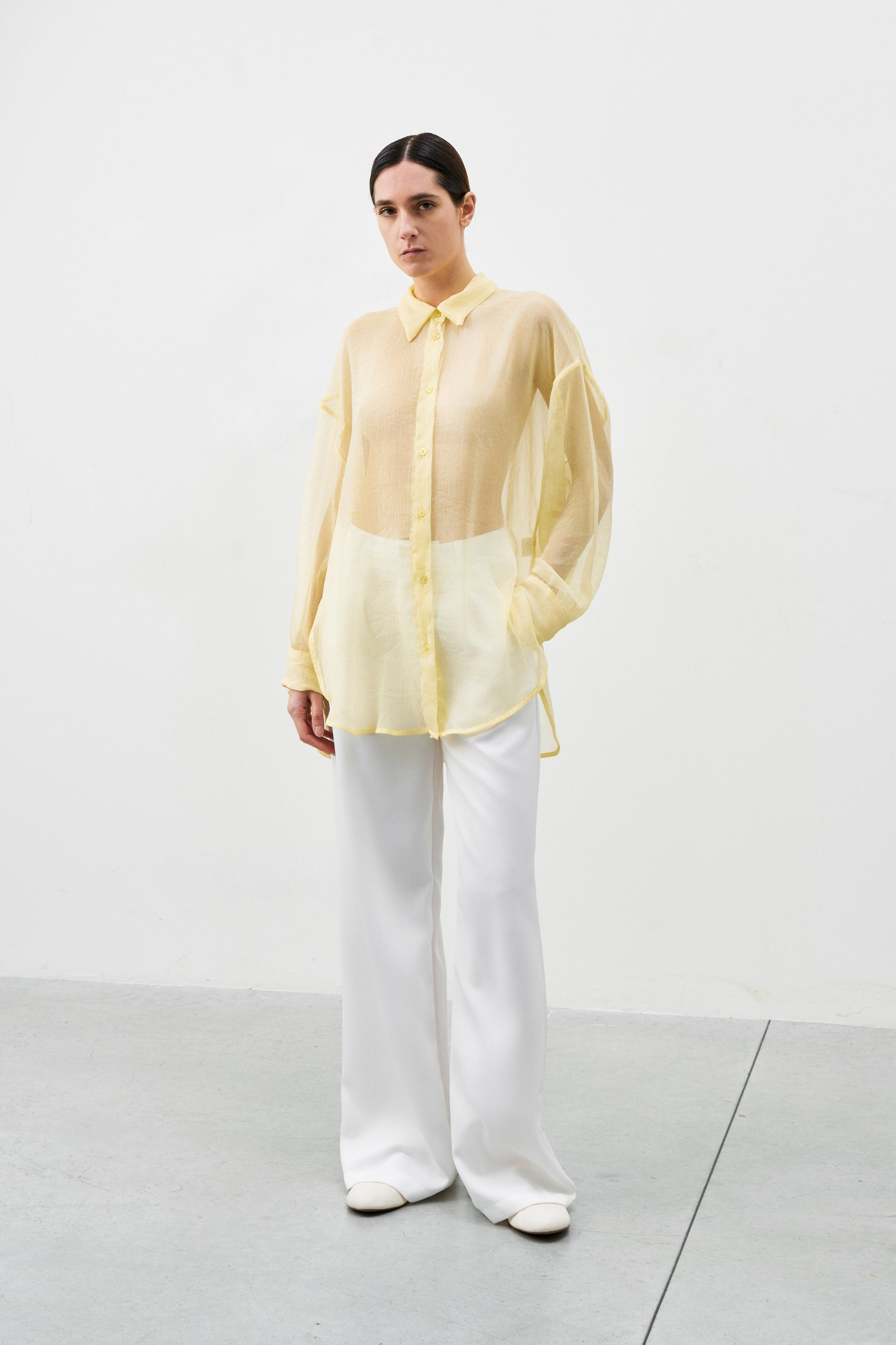 Chloe Shirt yellow semi-transparent oversized shirt front view with collar and long sleeves made in Italy