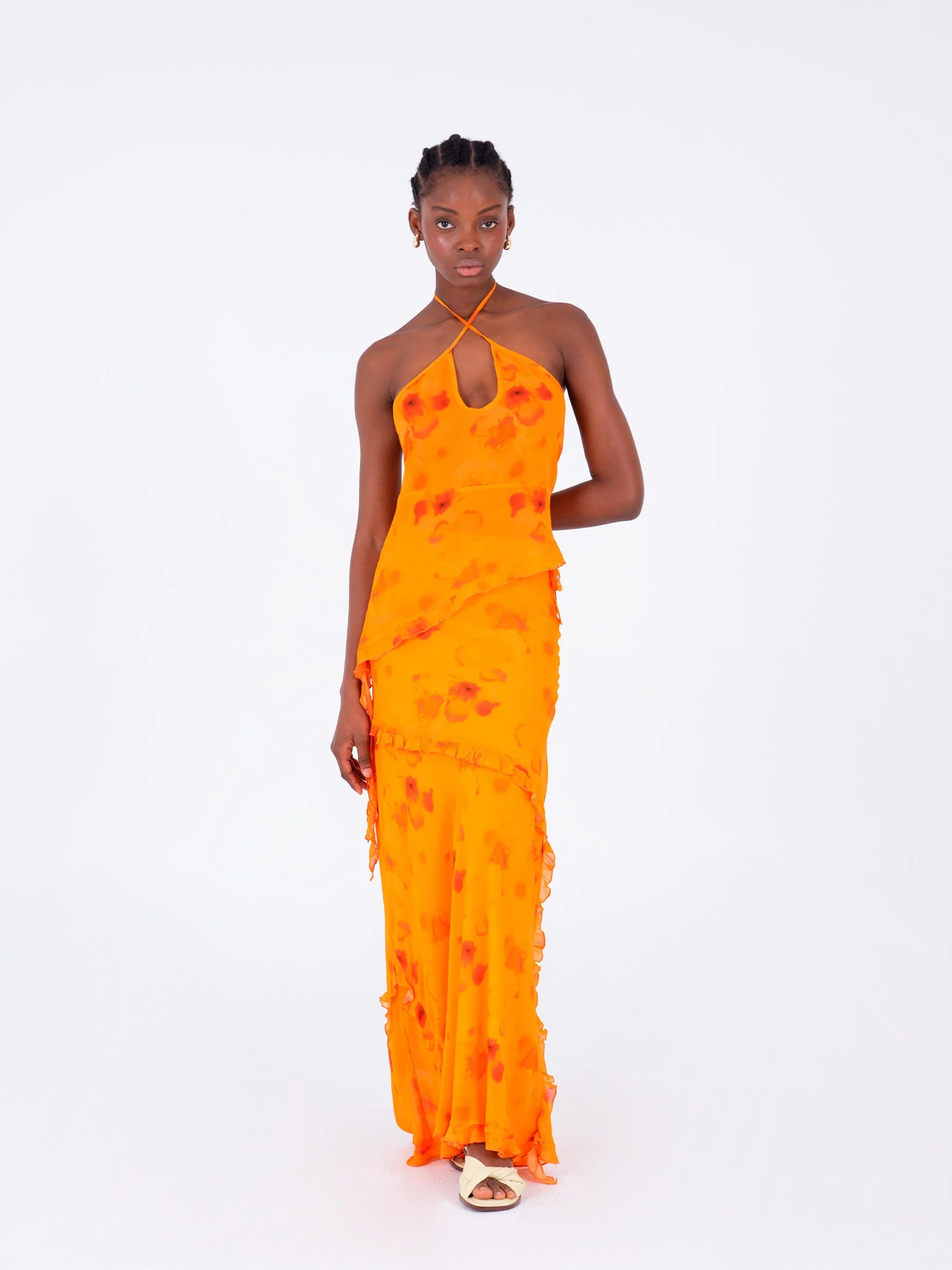 Orange halter neck blouse full length look with asymmetrical hem and ruffled band elegant summer outfit
