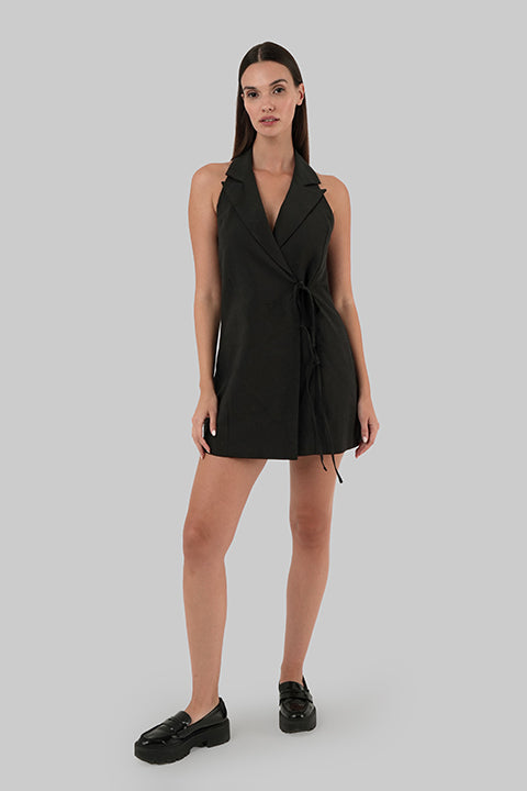 Isabella Dress black short sleeveless dress with collar and side laces front view regular fit made in Italy