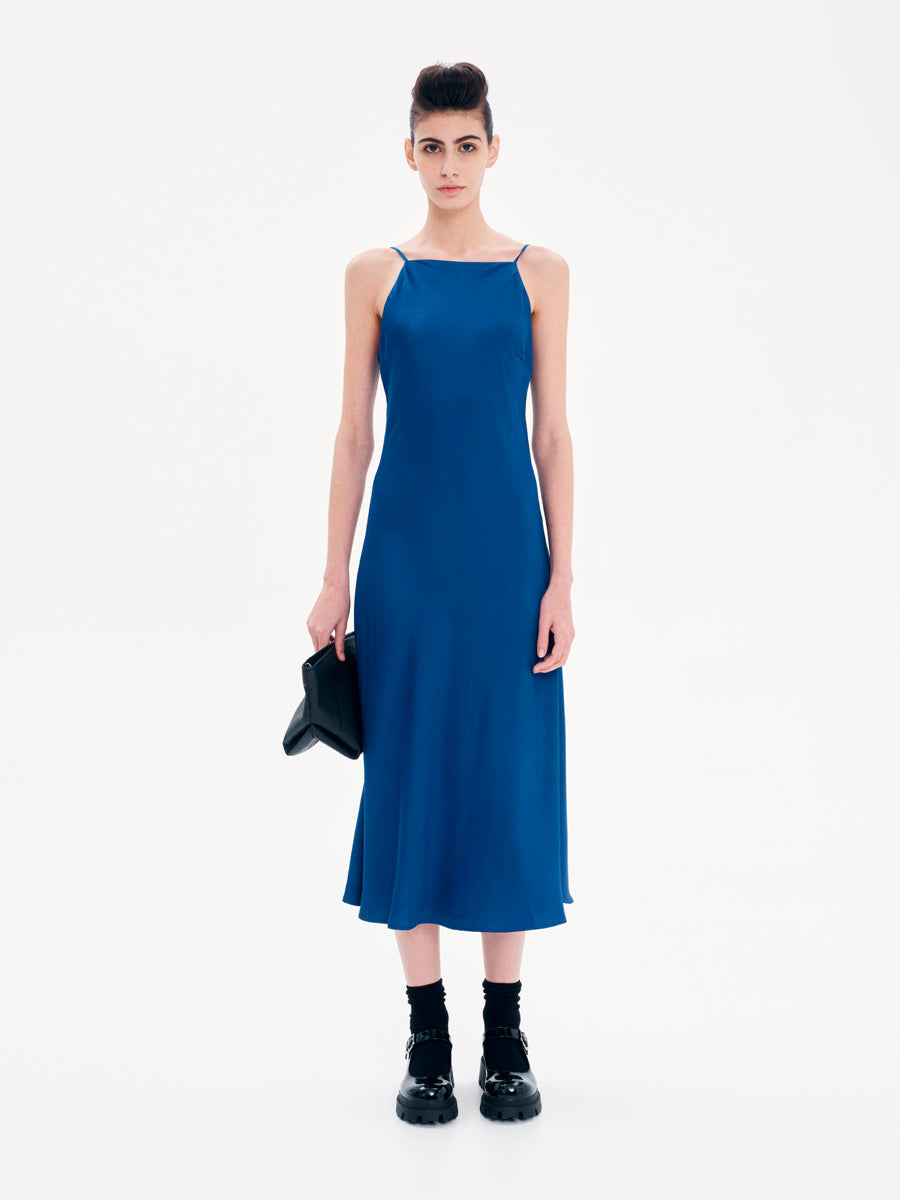 Kourbela blue midi halter dress full body studio look with straight cut and fluid fit