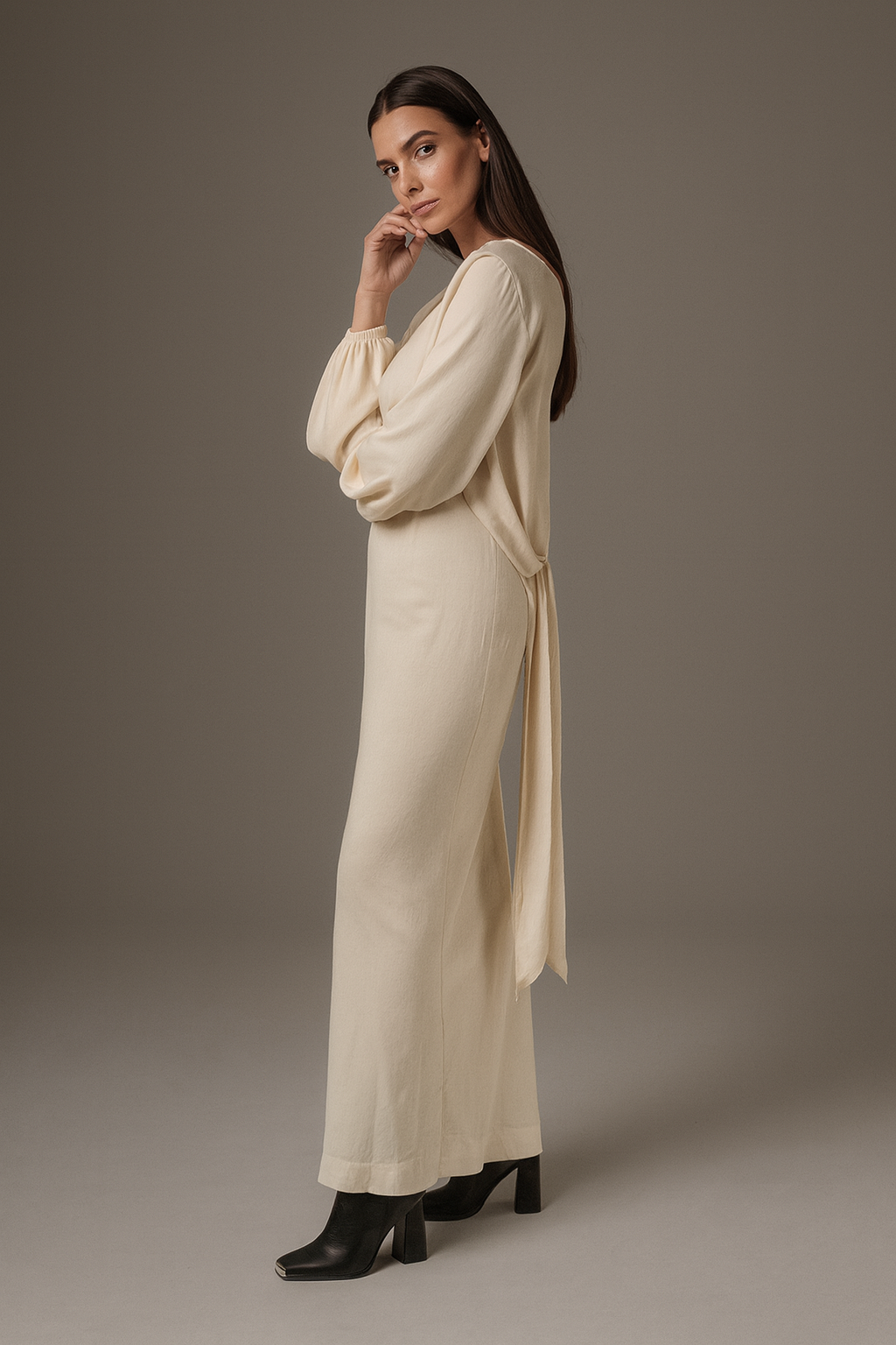 Cream long sleeve maxi dress full length view