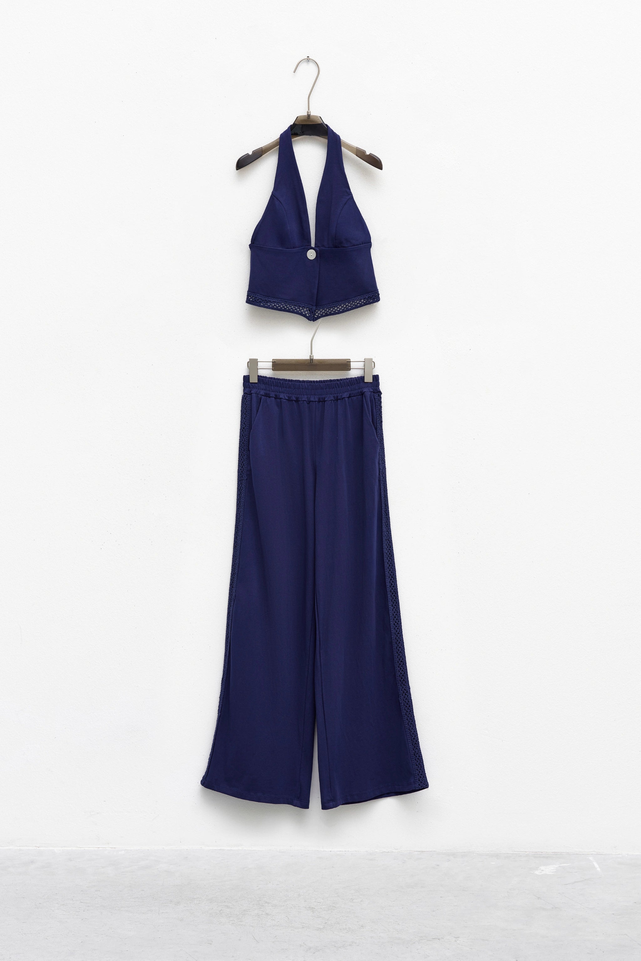 Blue halter top and trousers set flat view