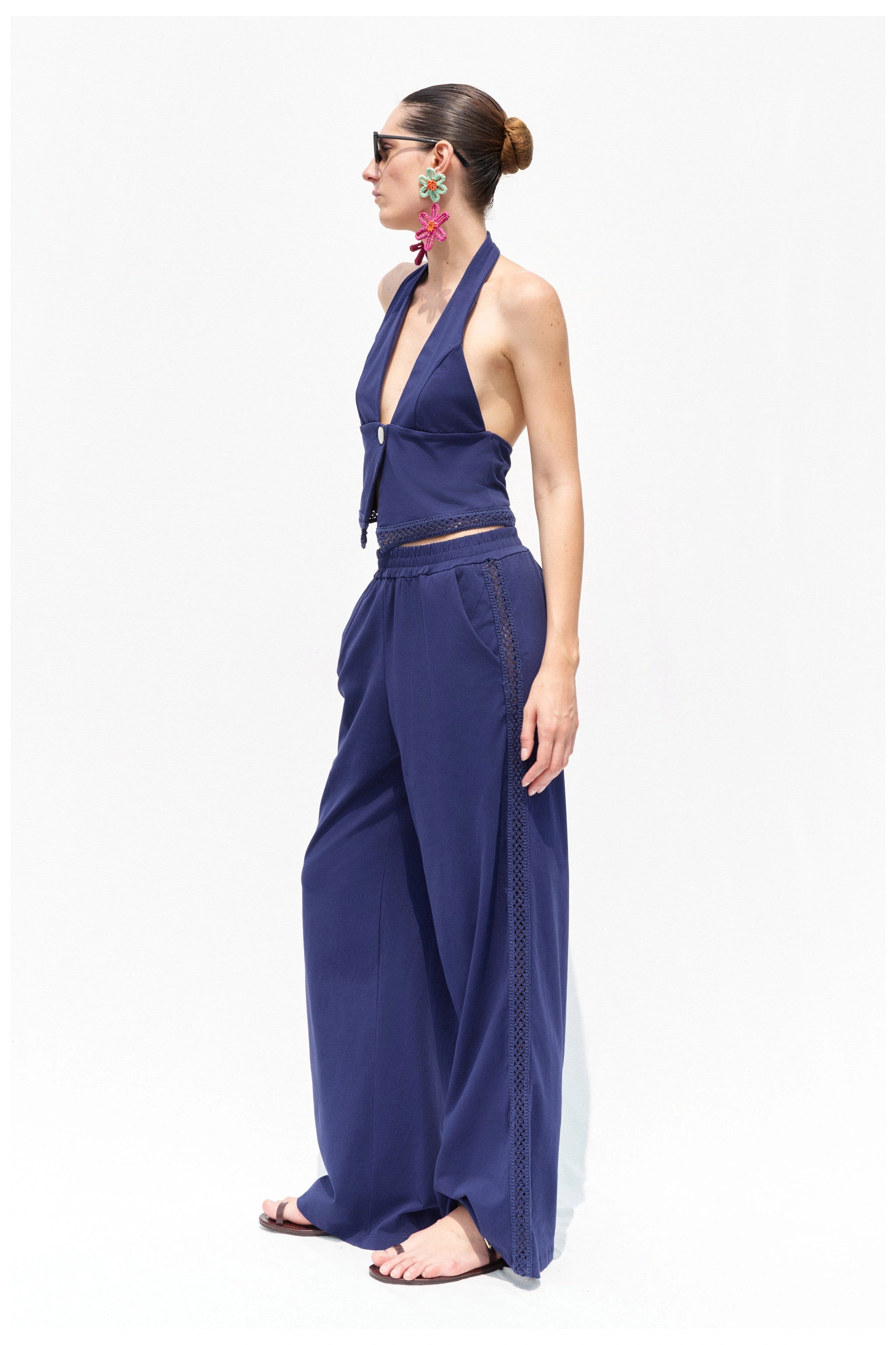 Blue halter top and trousers set side view