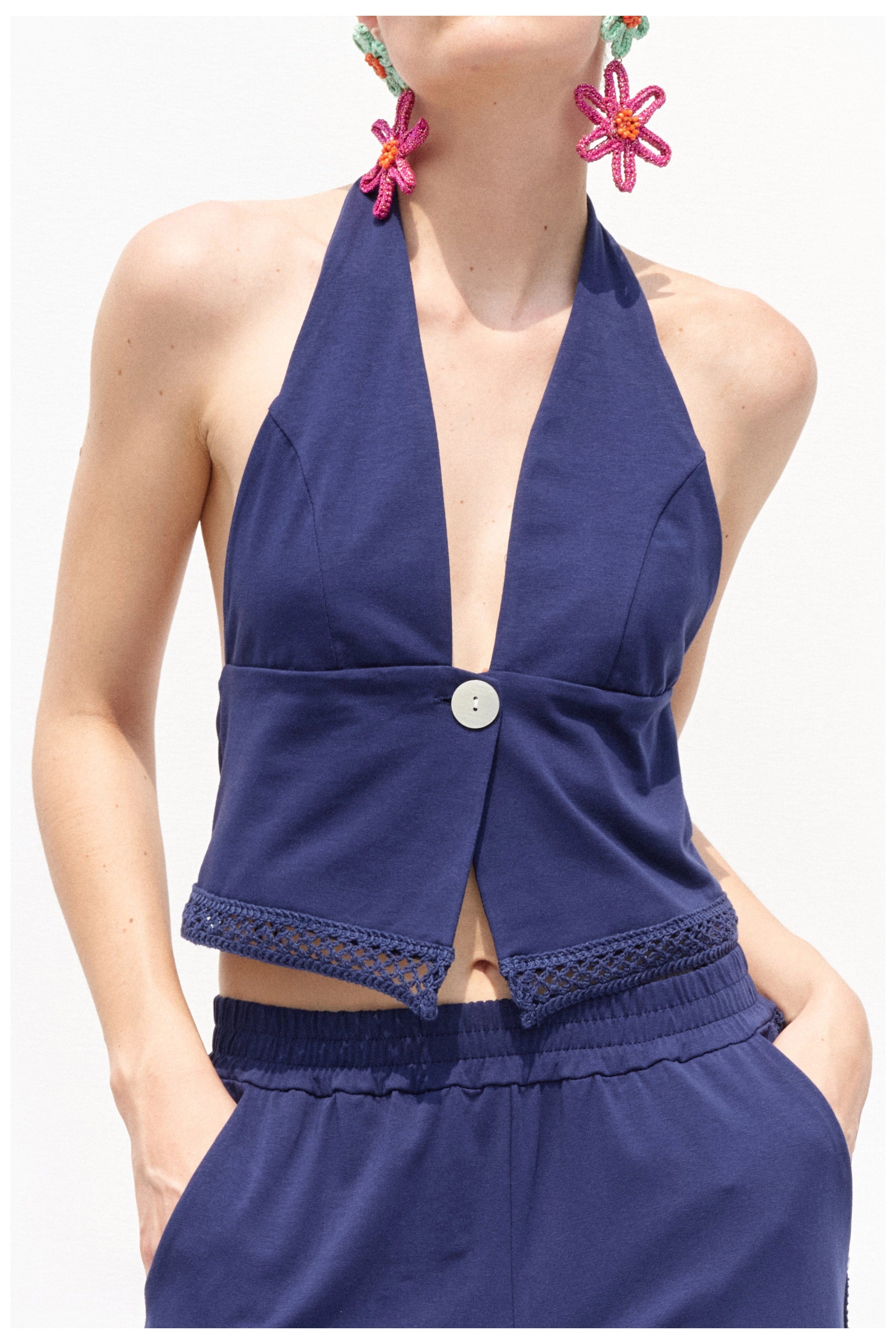 Blue halter top detail view